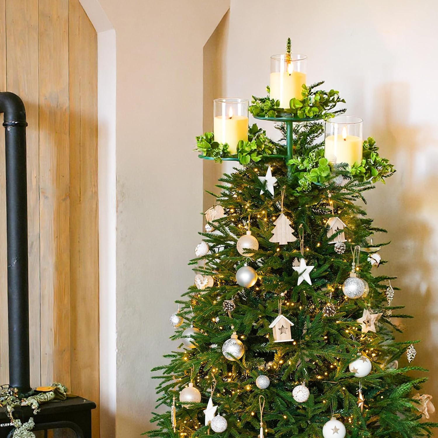 14 Inch Christmas Tree Topper Holder Triple Topper Candle Holder 3 Tier Universal Christmas Tree Stabilizer Support Stand with Green Support Rod for Treetop Ornaments Decorations - Image 6