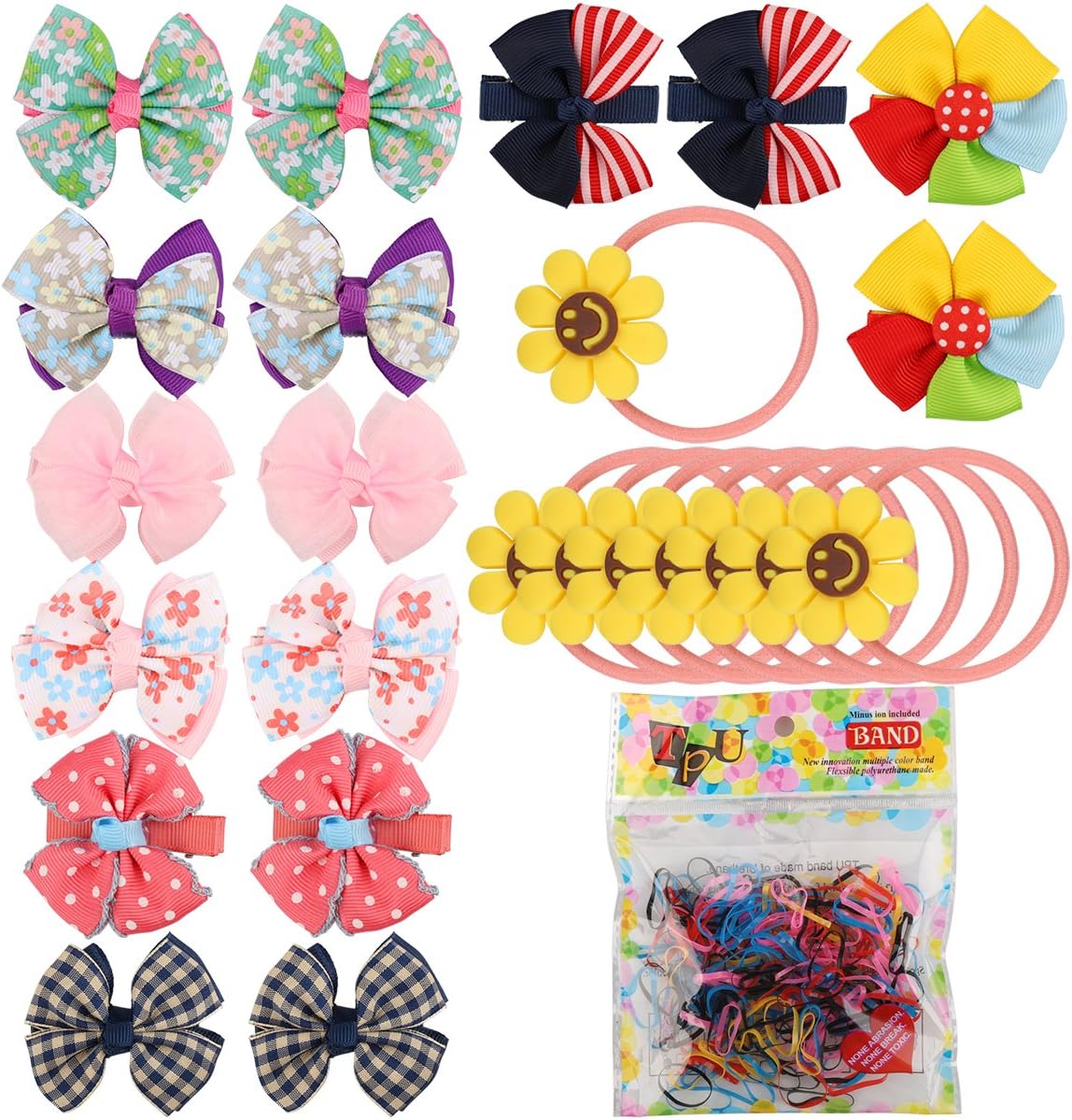 16 PCS Baby Girls Hair Bows Clips Hairpin Barrettes,100 PCS Multi Color Hair Holder Hair Tie Elastic Rubber Bands for Baby Girls, 8 PCS Cute Girls Sunflower Smiley Hair Tie Bands Ropes Ponytail Holder