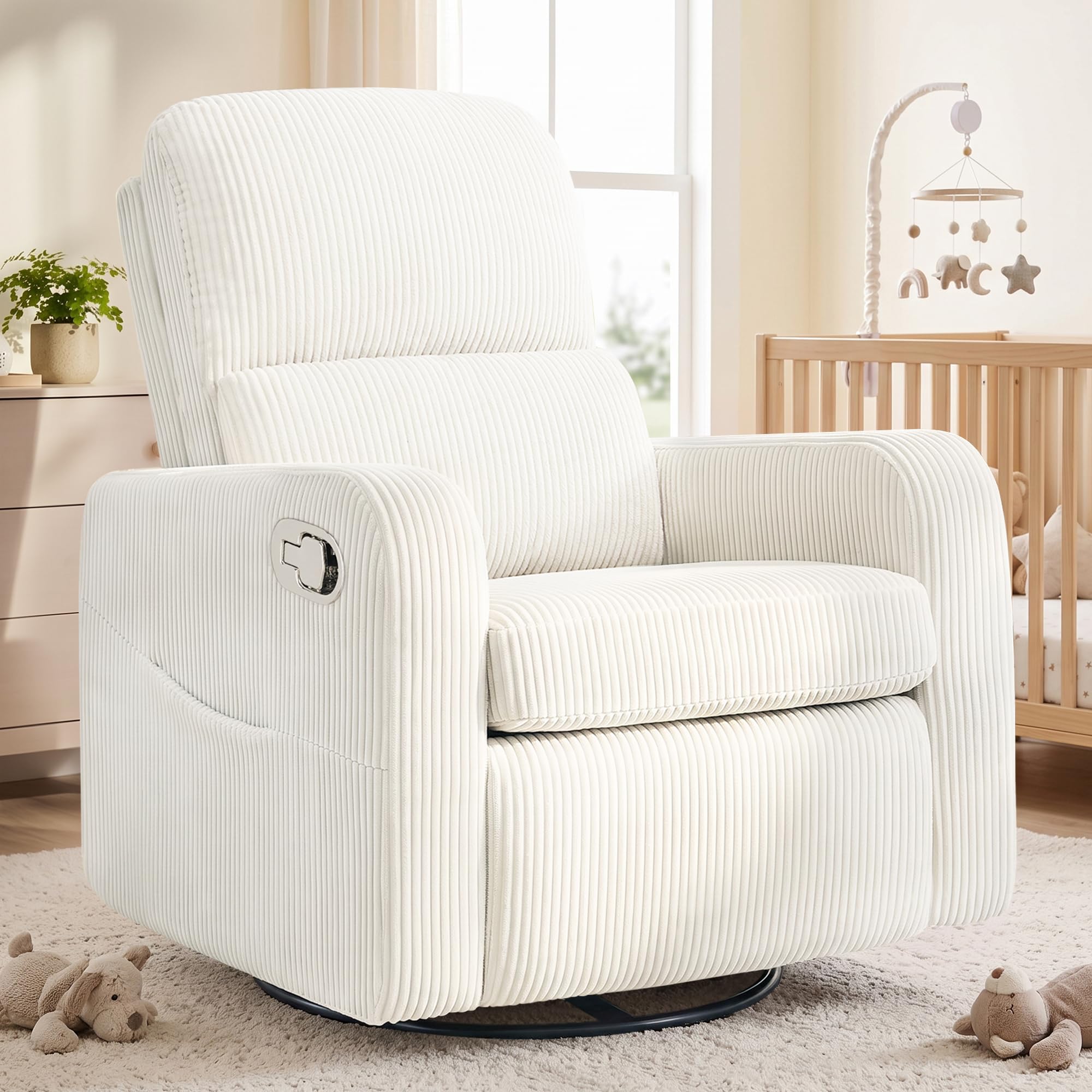 Swivel Rocker Recliner, Oversized Manual Nursery Glider Rocking Recliner Chair with Removable Cushion, Upholstered Corduroy Swivel Reclining Chair for Nursery Living Room Bedroom, Cream White