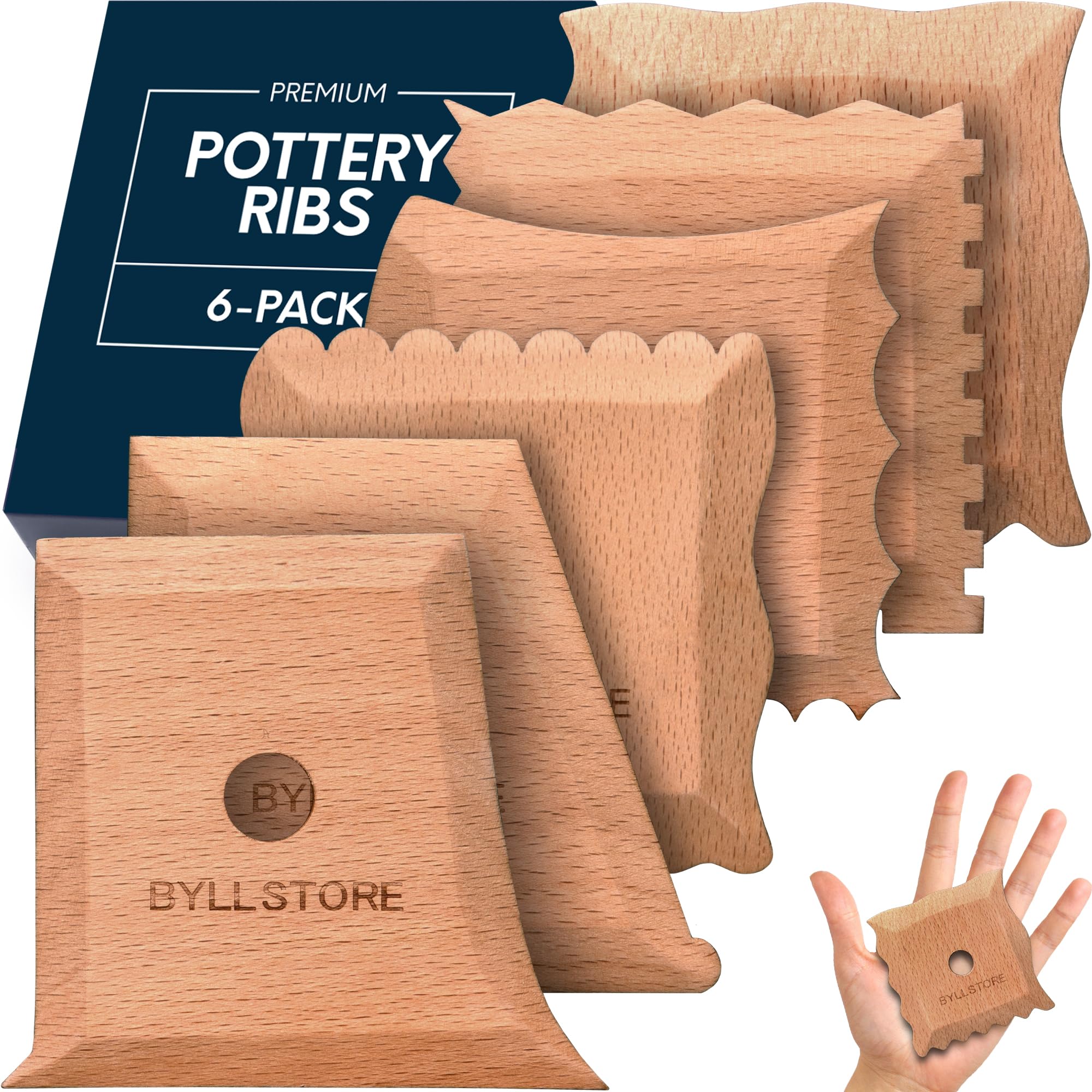 Byllstore Pottery Ribs & Trimming Tools | 2 Foot Shaper Tools | 4 Clay Texture Ribs | Solid Beech Wood | Several Pack Options (6-Pack)