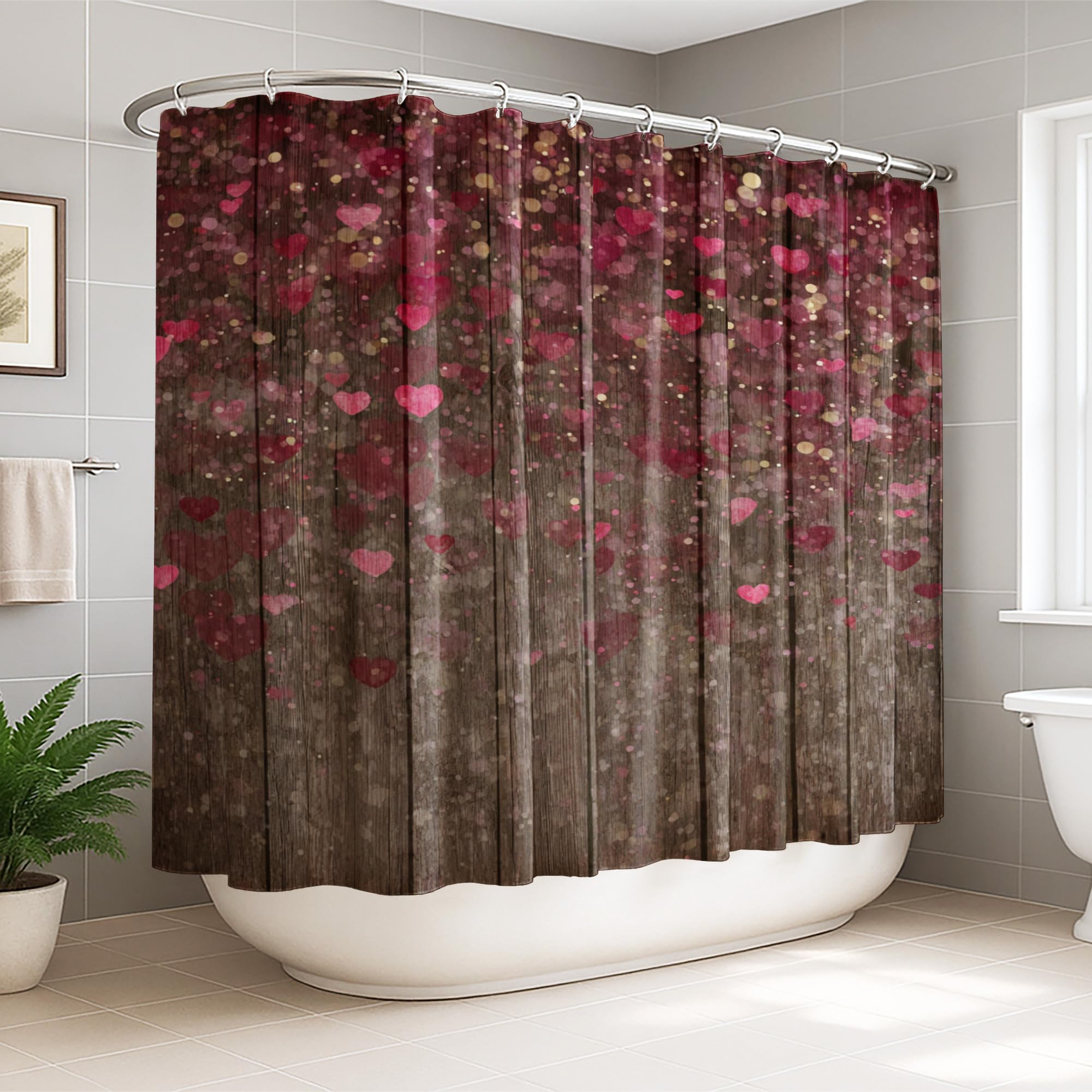 Rideau de douche extra large en textile premium imperméable décor cœurs et bois rouge rustique