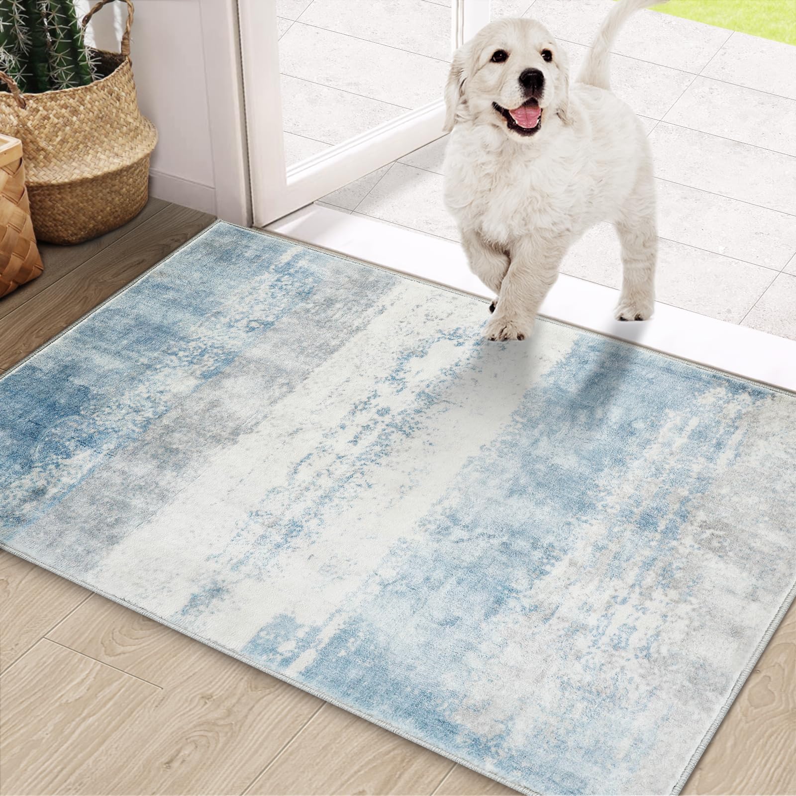 COMSLE Tapete para puerta de entrada, tapete de lana sintética, absorbente, antideslizante, moderno, para entrada, pasillo, patas fangosas, apto para mascotas, 24 x 36 pulgadas, color azul leche,