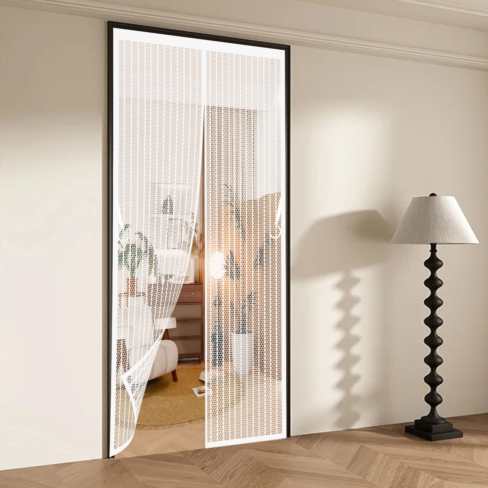 Magnetic Fly Screen Door 114 x 229 cm Heavy Duty Mesh, Magnetic Self-Sealing Nets Patio Curtain Insect Mesh Easy to Install Without Drilling for Windows Doors Patio, White