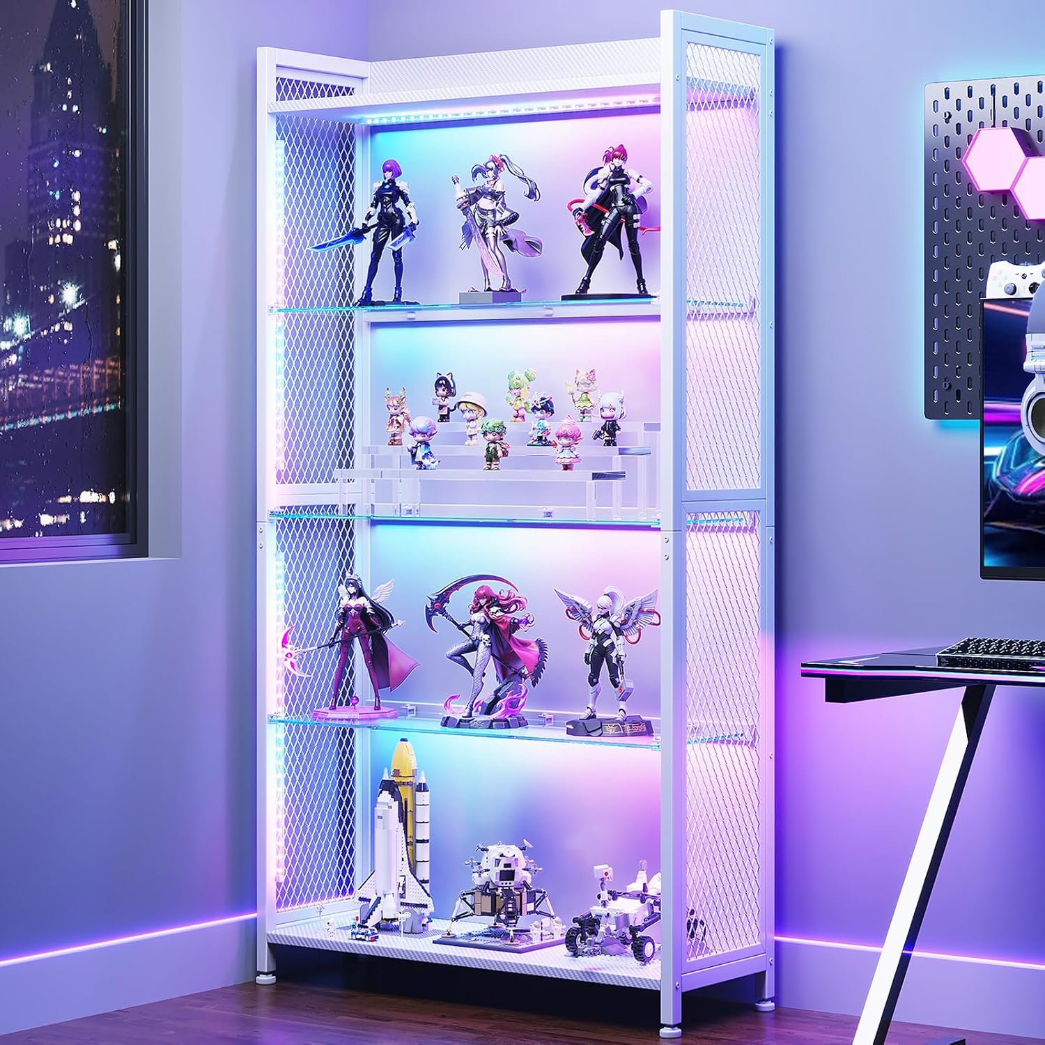 AODK Display Case with Open Glass Shelves, RGB Light Display Cabinet, White