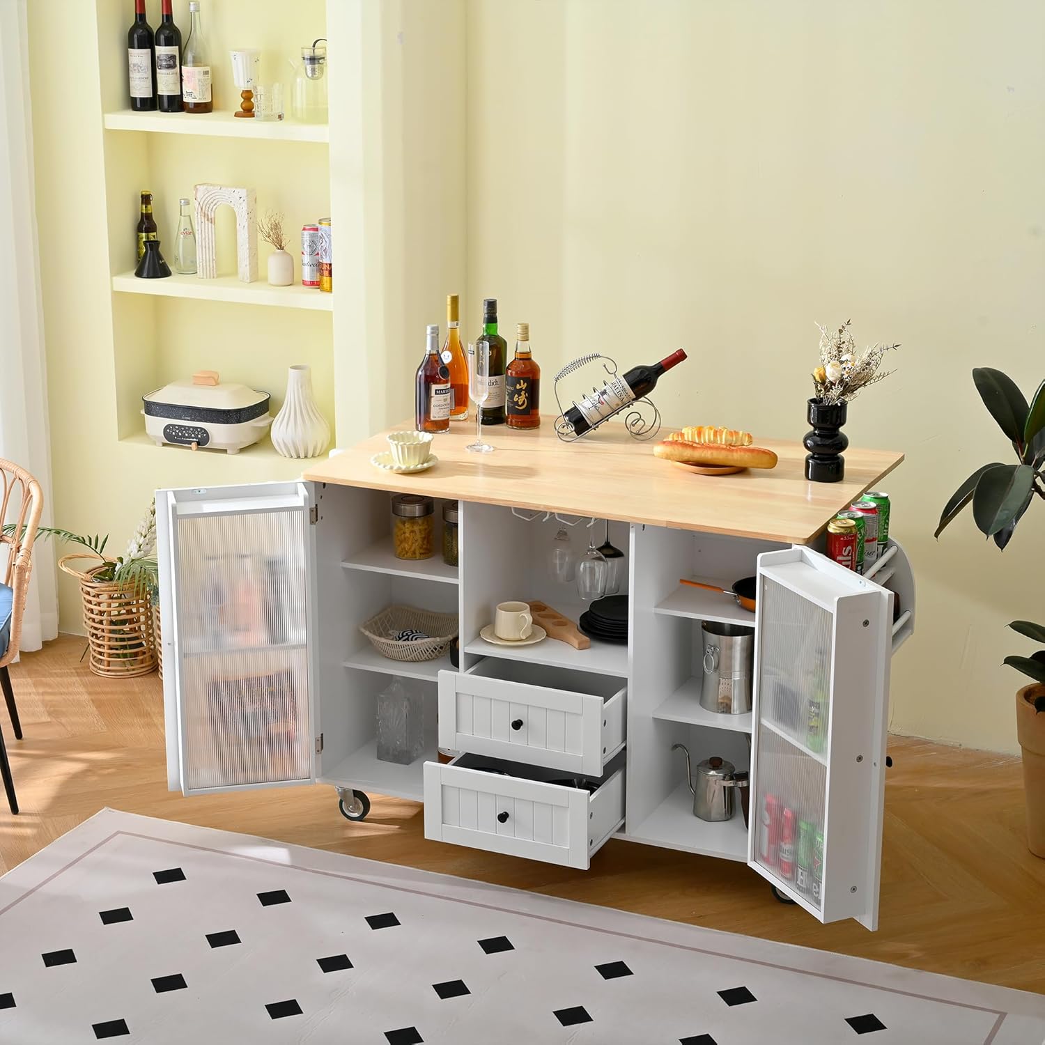 Kitchen Island with Storage, Rolling Island Table on Wheels with Cart Drop Leaf and Trash Can Storage, Portable Islands Table for Dining Room, Living Room (White + Natral)