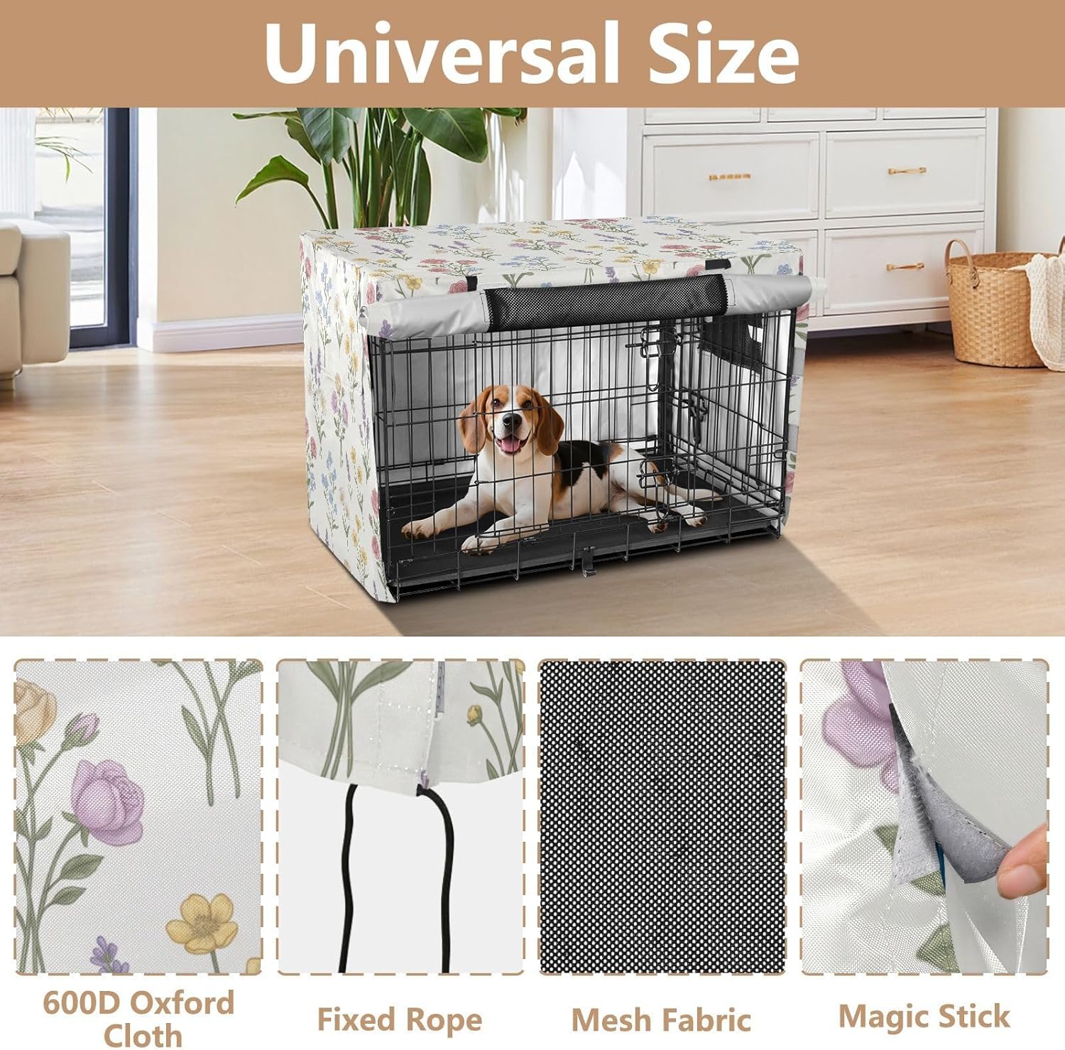 Duty 600D Silver Coated Dog Crate Cover, Water-Resistant Floral Print Pet Kennel Canopy with Mesh Windows for Optimal Ventilation, Universal Fit for Standard Wire Cage, Indoor & Travel