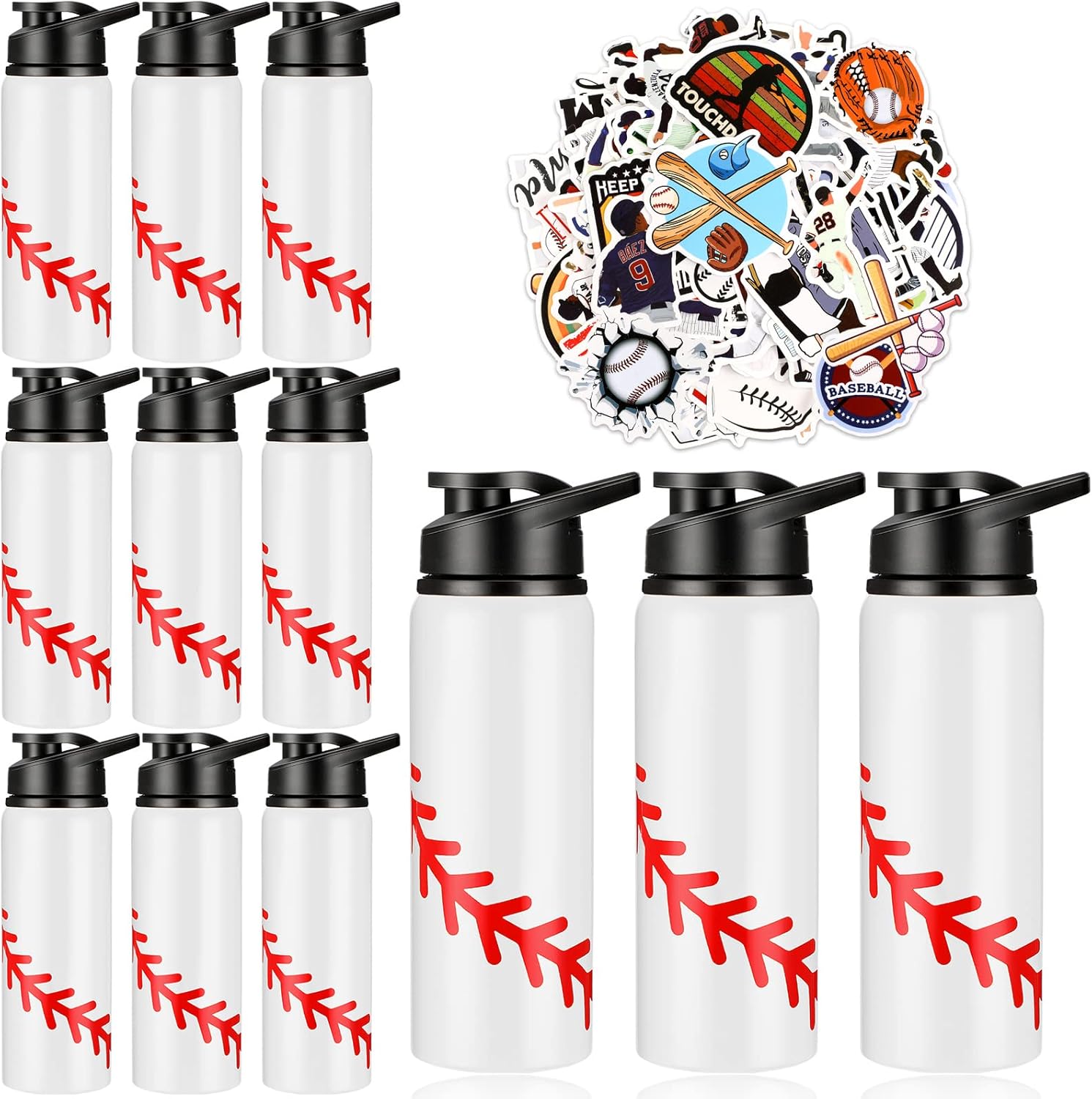 Gerrii 12 Pcs Baseball Water Bottles Bulk 20 oz Snap Lid Reusable Bottles 100 Pcs Stickers Helmet Award Decals Gift Stuff (Stainless Steel, Baseball Style)
