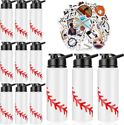 Gerrii 12 botellas de agua de béisbol a granel de 20 onzas con tapa a presión, botellas reutilizables, 100 calcomanías, calcomanías de premio para