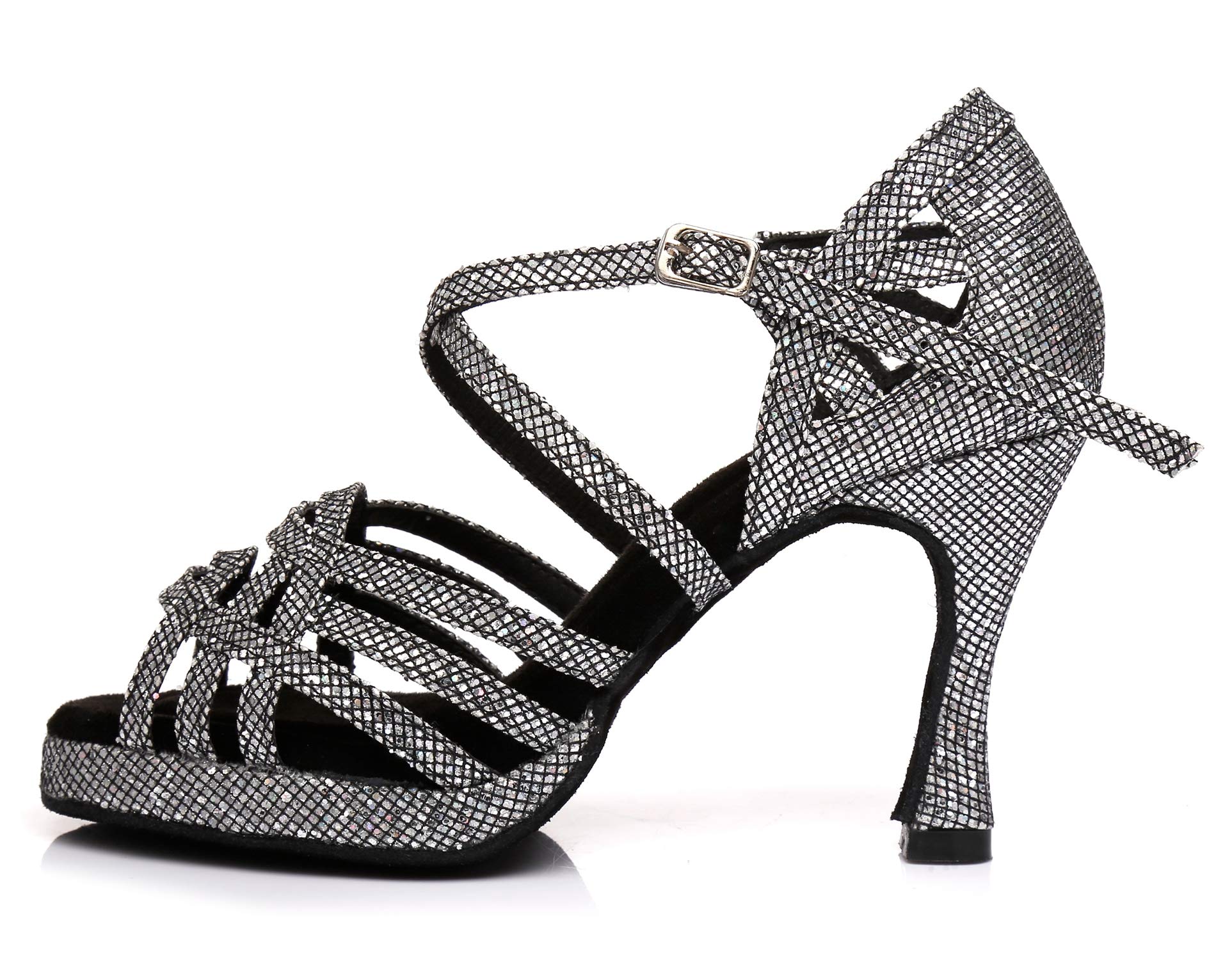 Minishion Women's Latin Salsa Strappy Black Synthetic Dance Shoes Party Sandals US 10