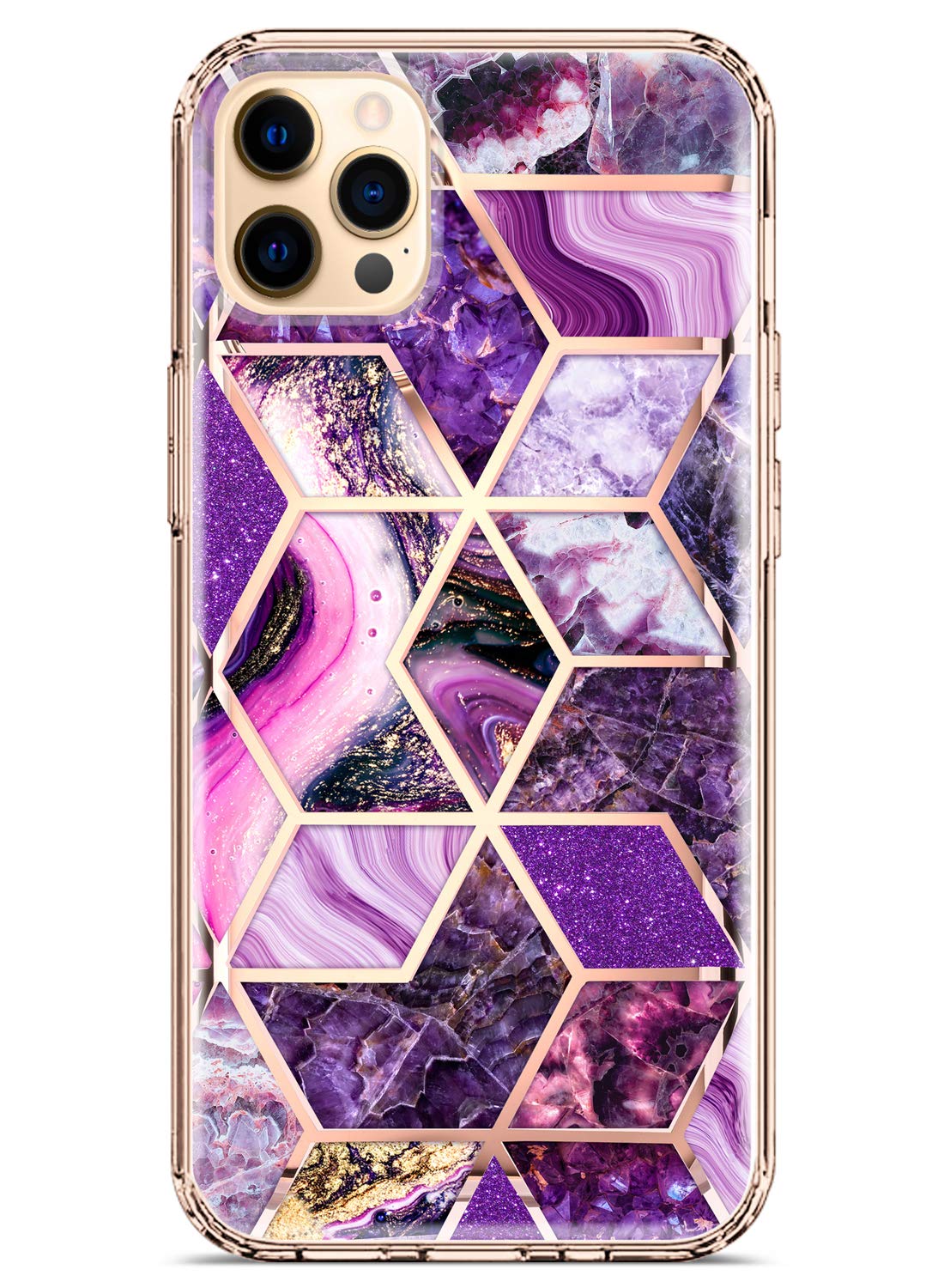 Coolwee Shockproof Protective Case Compatible with iPhone 12 Pro Max Slim Fit Purple Marble Rose Gold Foil Stripe Lines Women Girls Amethysts