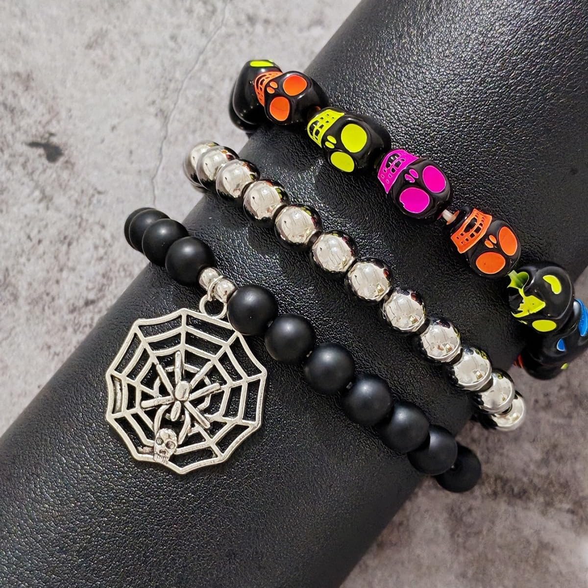 Halloween Skeleton Elastic Bracelets for Women, 3pcs Spooky Acrylic Skull Pumpkin Bead Bracelet Set,Halloween Party Costume Jewelry - Image 6