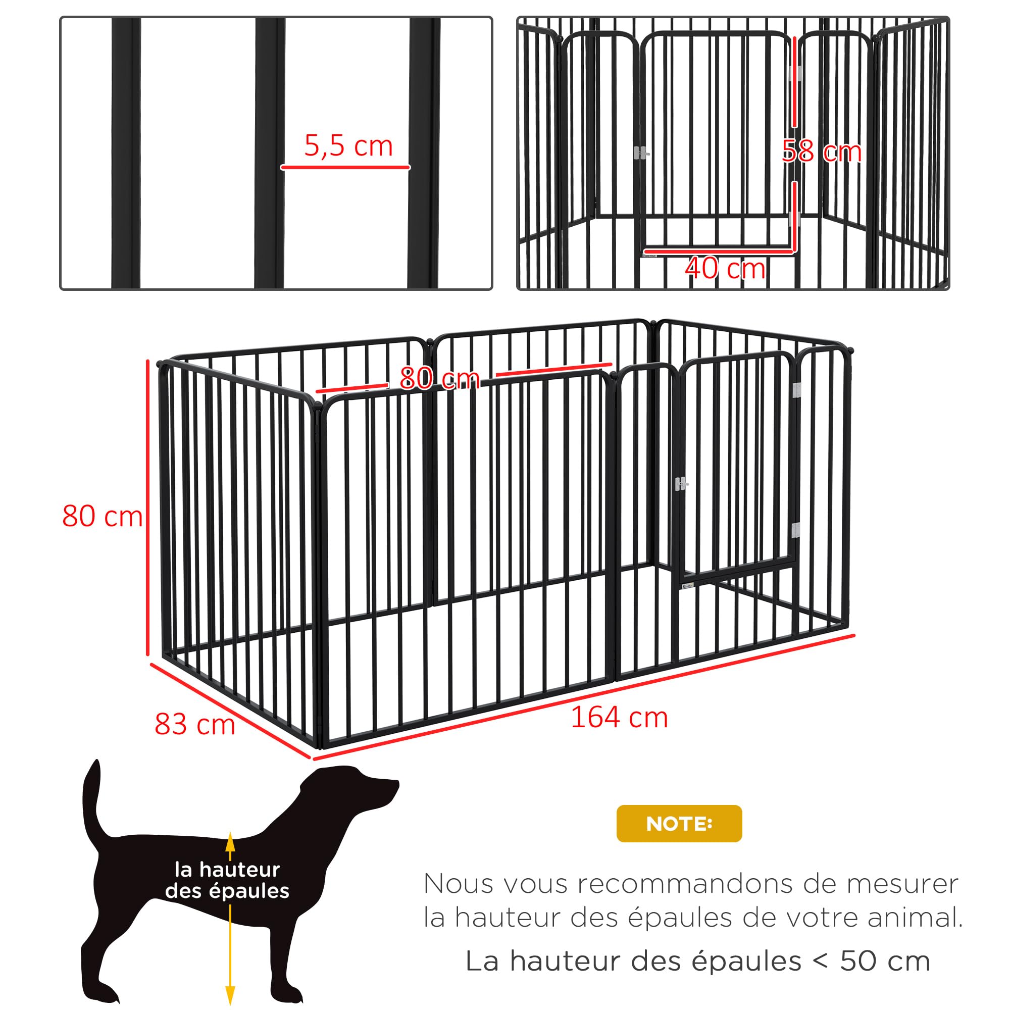 PawHut Parc Enclos Modulable pour Chien, Chiot, 1 Porte, 80 x 80 cm Noir | Clôture, 6 Panneaux, Parc de Jeu et d'Exercice en Acier, Chiens, Chiots, Animaux de Compagnie, Hauteur 80 cm