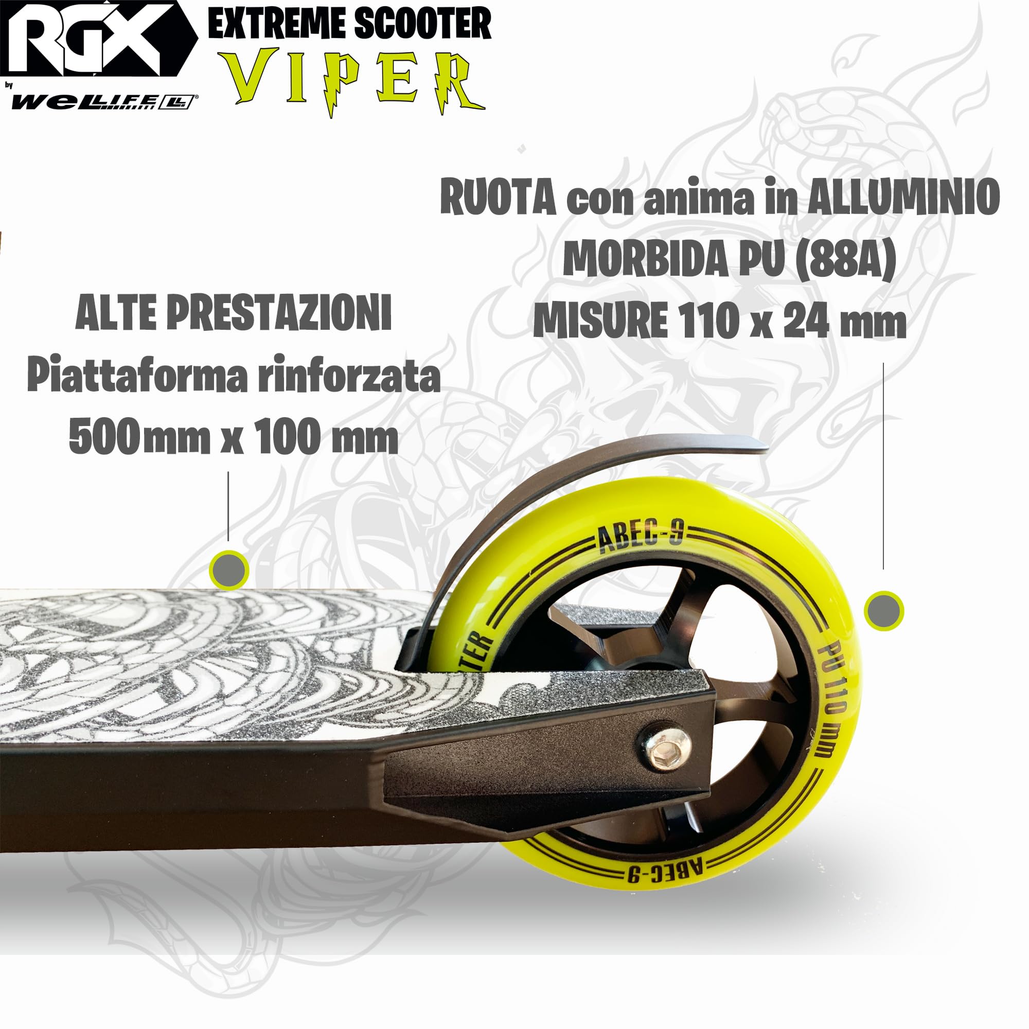 WeLLIFE Monopattini Freestyle Viper RGX – Monopattino Freestyle Professionale, Manubrio HIC System, Ruote PU 110mm e Cerchi in Alluminio, Cuscinetti Abec9, Monopattino Acrobatico per Adulti e Bambini