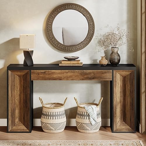 Miniatura 8 de Tribesigns Mesa consola de 63 pulgadas, mesa de entrada de granja con diseño de doble tono, mesa rectangular de madera para sofá detrás del sofá,
