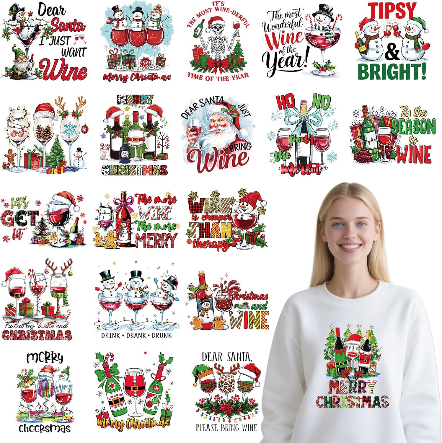 DTF Transfers Ready to Press - 20 Pcs Christmas Wine Iron on Patches for T-Shirts, Xmas Heat Transfer Vinyl Decals, Snowman Santa Iron on Stickers for Clothes Bag DIY Fabric Decor