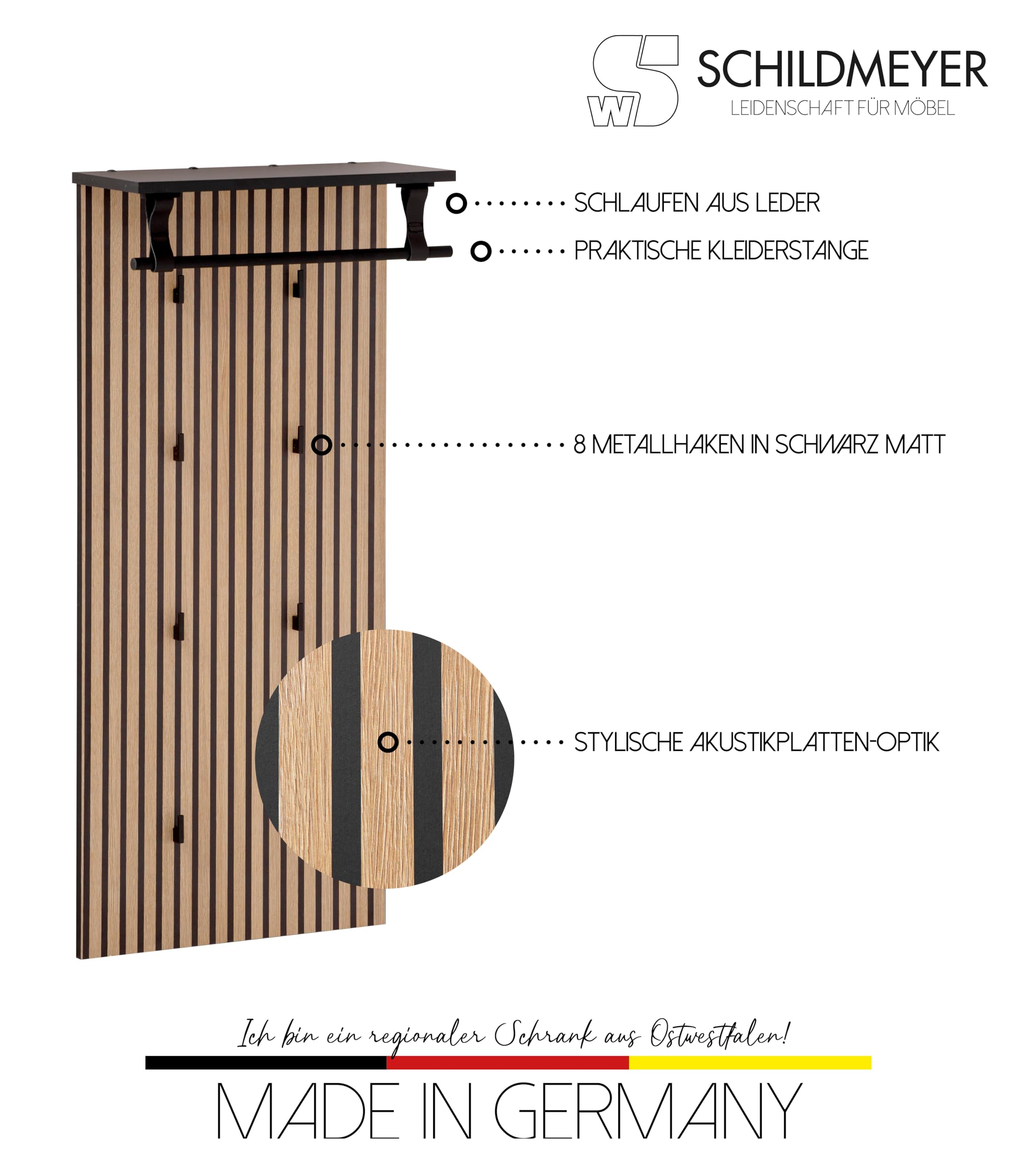 Schildmeyer Hank Hankenpaneel 157120, Schwarzmatt/Akustikpaneel Optik, 50 x 20,9 x 110,6 cm