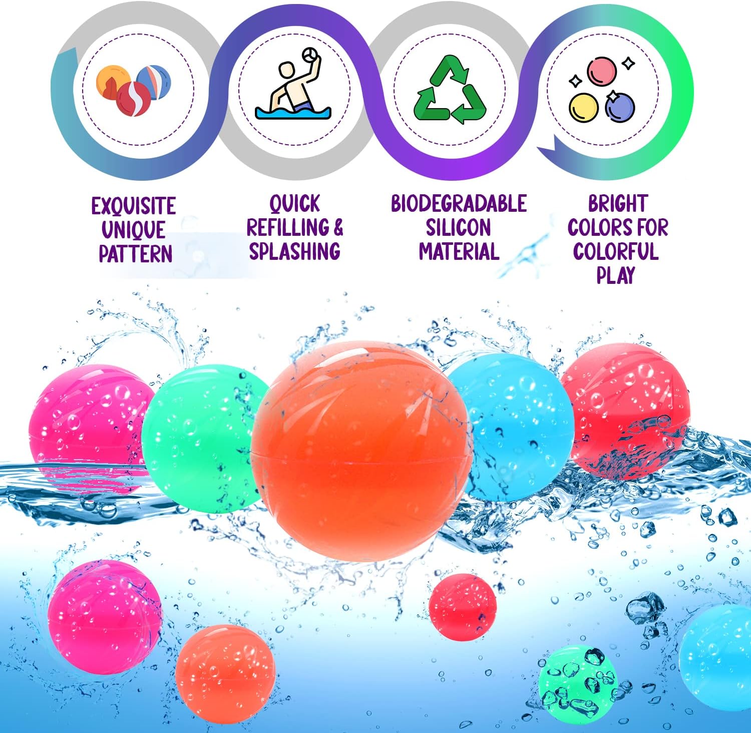 Reusable Water Balloons, Easy to Fill, Latex Free, Silicone, Colorful Balloons, Easy to Use and Clean, for Kids and Adults, Perfect for Birthday and Summer Parties (10 Pack)