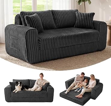 Apicizon 70" Boneless 2-in-1 Convertible Sofa Bed, Loveseat Sleeper Couch Futon Sofa Bed, Pull Out Floor Sofa with 4 Pillows for Living Room Bedroom Apartment, Dark Grey