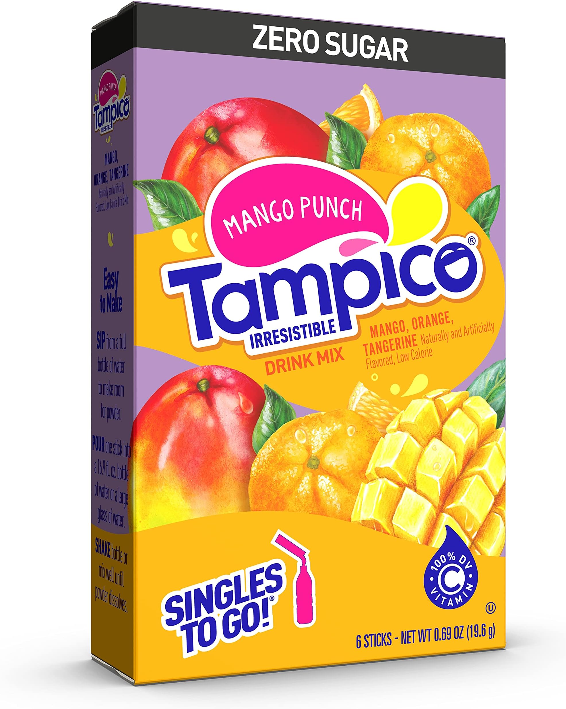 Tampico Singles To Go Drink Mix Packets, Mango Punch, Zero Sugar, Low Calorie, 100% DV of Vitamin C per Serving, Convenient, On-The-Go Water Enhancers, 6 sticks, Pack of 1