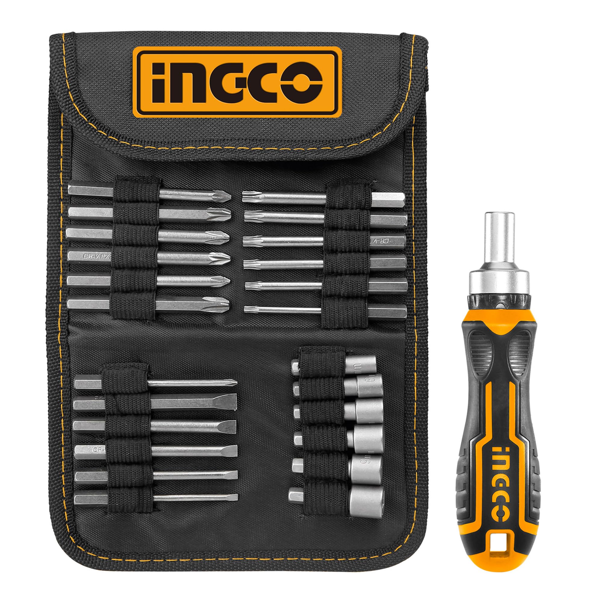 INGCO 26Pcs Screwdriver Bits Set, CR-V, with Pouch, Unique Design Ratchet Holder, 18 pcs 65mm Screwdriver Bit, 6 pcs Power Sleeve, Screwdriver Set for DIY Household Repair