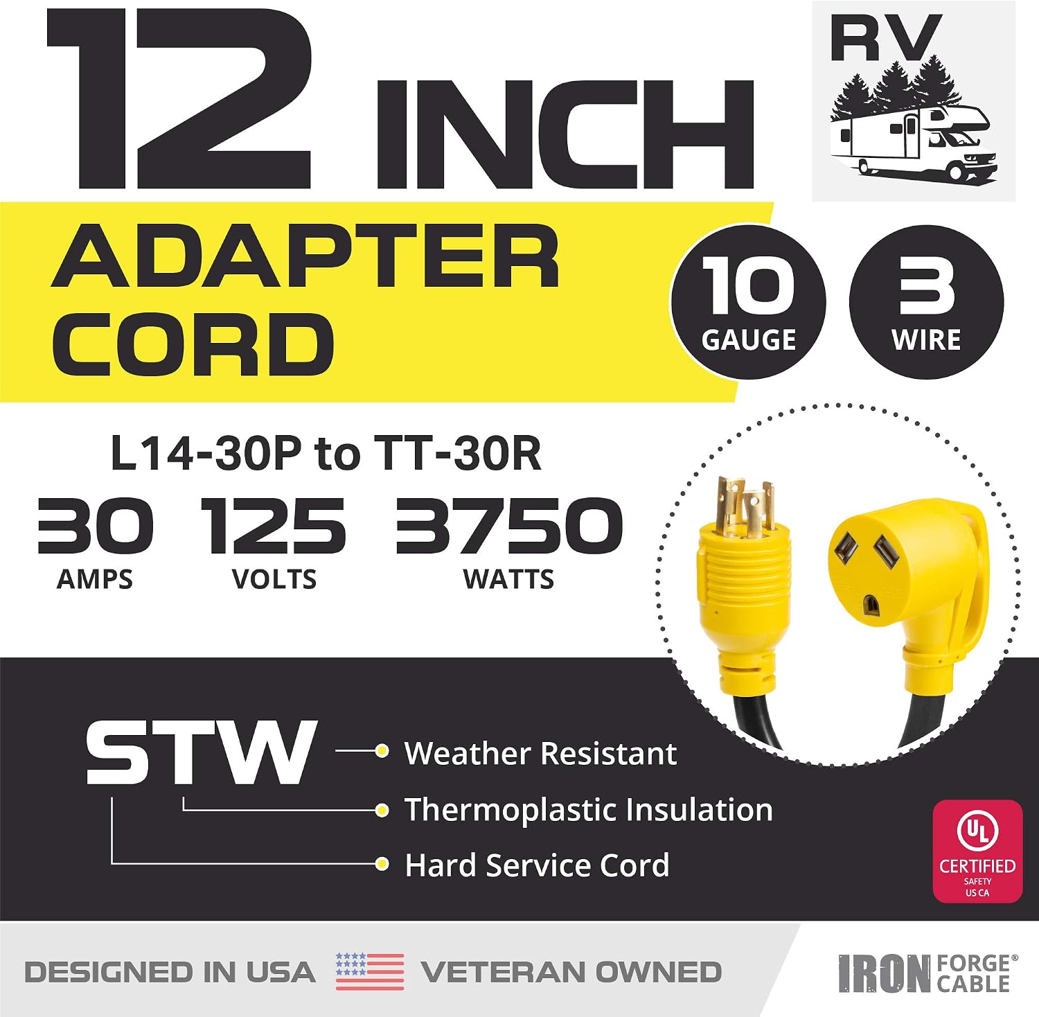 Iron Forge Cable RV Cord, Generator and RV Electrical Adapter Power Cord, L14-30P Locking 4 Prong Plug to TT-30R, 12 Inch Adapter - 10/3 STW Yellow