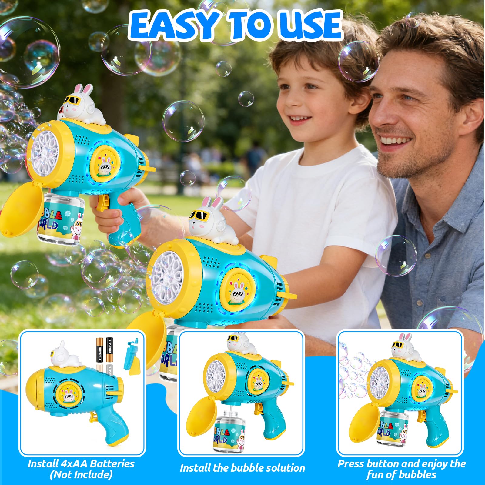 Pistola Bolle di Sapone, Macchina per Bolle Automatica per Bambini, 10000+ Bolle al Minuto, Giocattolo Pistola per Bolle Ricaricabile per Matrimonio, Compleanno, Festa, Pasqua (Bleu) - 5