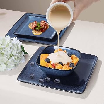 Herogo 12 Pieces Square Stoneware Dinnerware Set for 4, Starry Blue