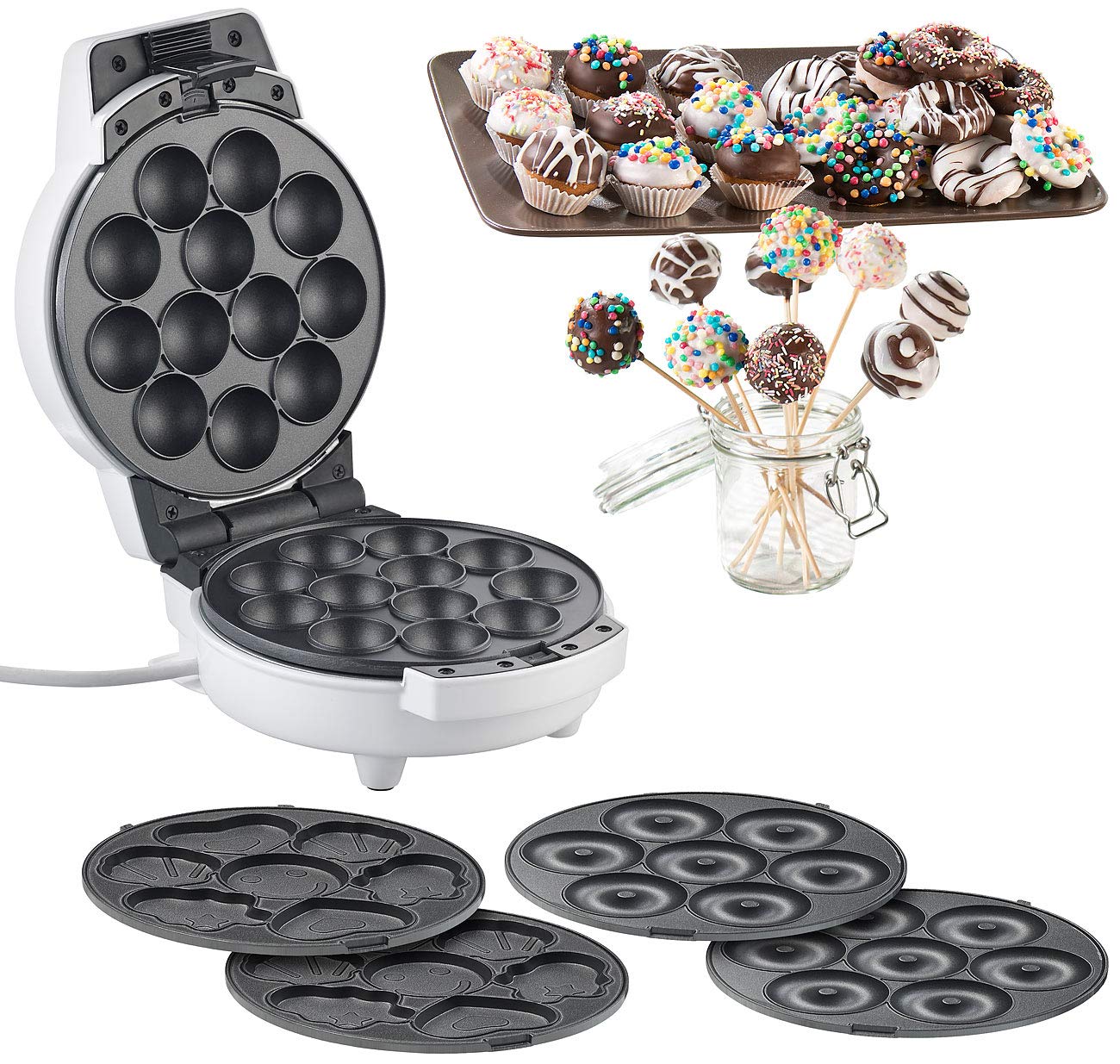 Rosenstein & Söhne Donut-Waffeleisen: 3in1-Donut-, Cupcake- und Cakepop-Maker, Versandrückläufer (Cakepopmaker, Waffeleisen Donutmaker, Muffin)