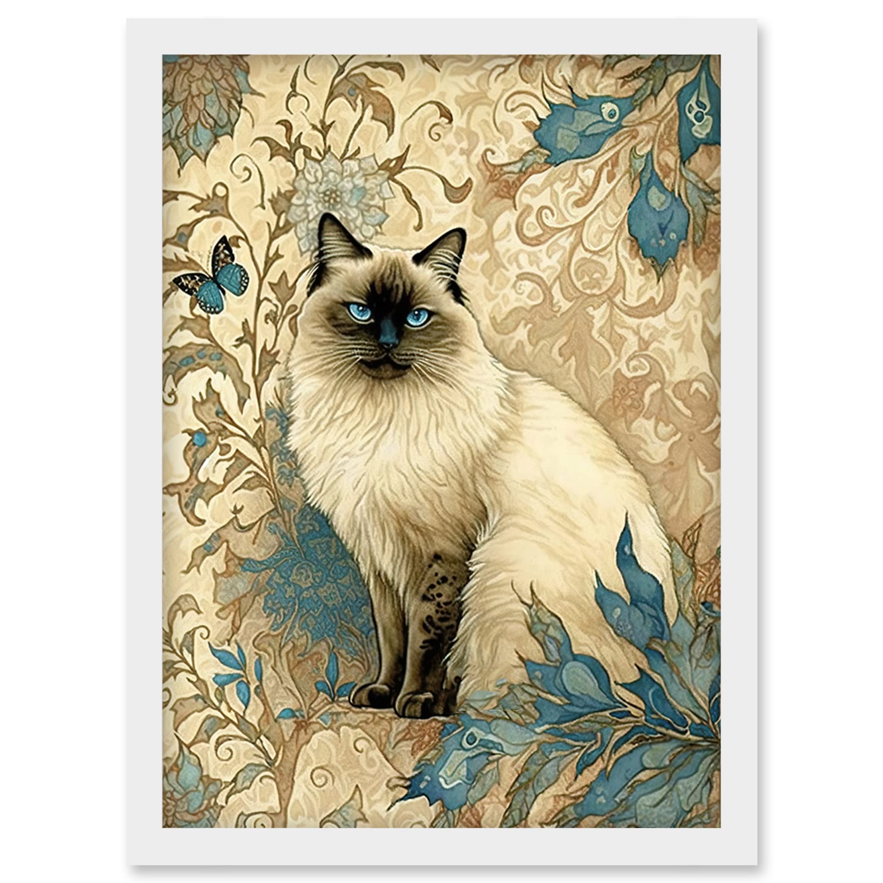 Artery8 Blue Point Ragdoll Cat with Teal Plants Art Nouveau Watercolour Illustration Artwork Framed Wall Art Print A4