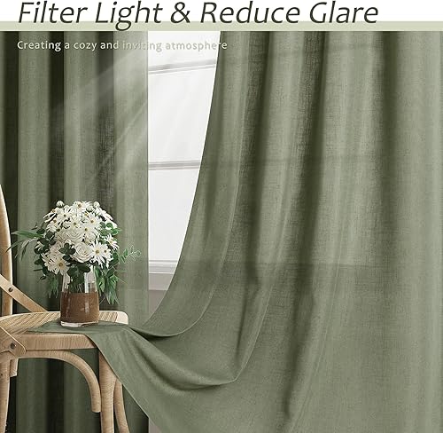 Miniatura 5 de Cortinas de mezcla de lino verde de 84 pulgadas de largo, 2 paneles para sala de estar, bolsillo con pestaña trasera, filtrado de luz, cortinas