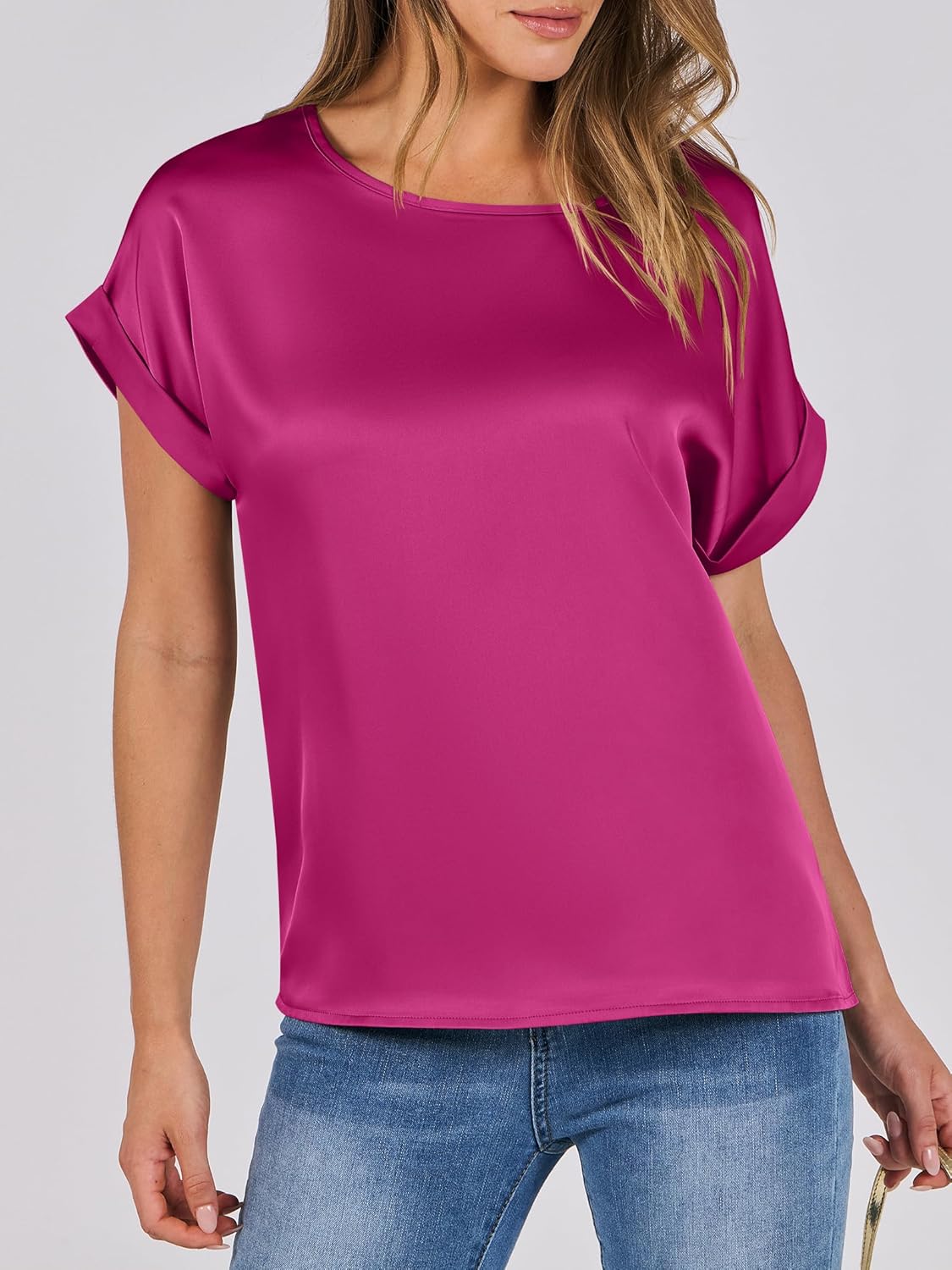 ANRABESS Women's Summer Dressy Casual Short Sleeve Shirts Crewneck Satin 2026 Business Office Work Blouse Tops - Image 3