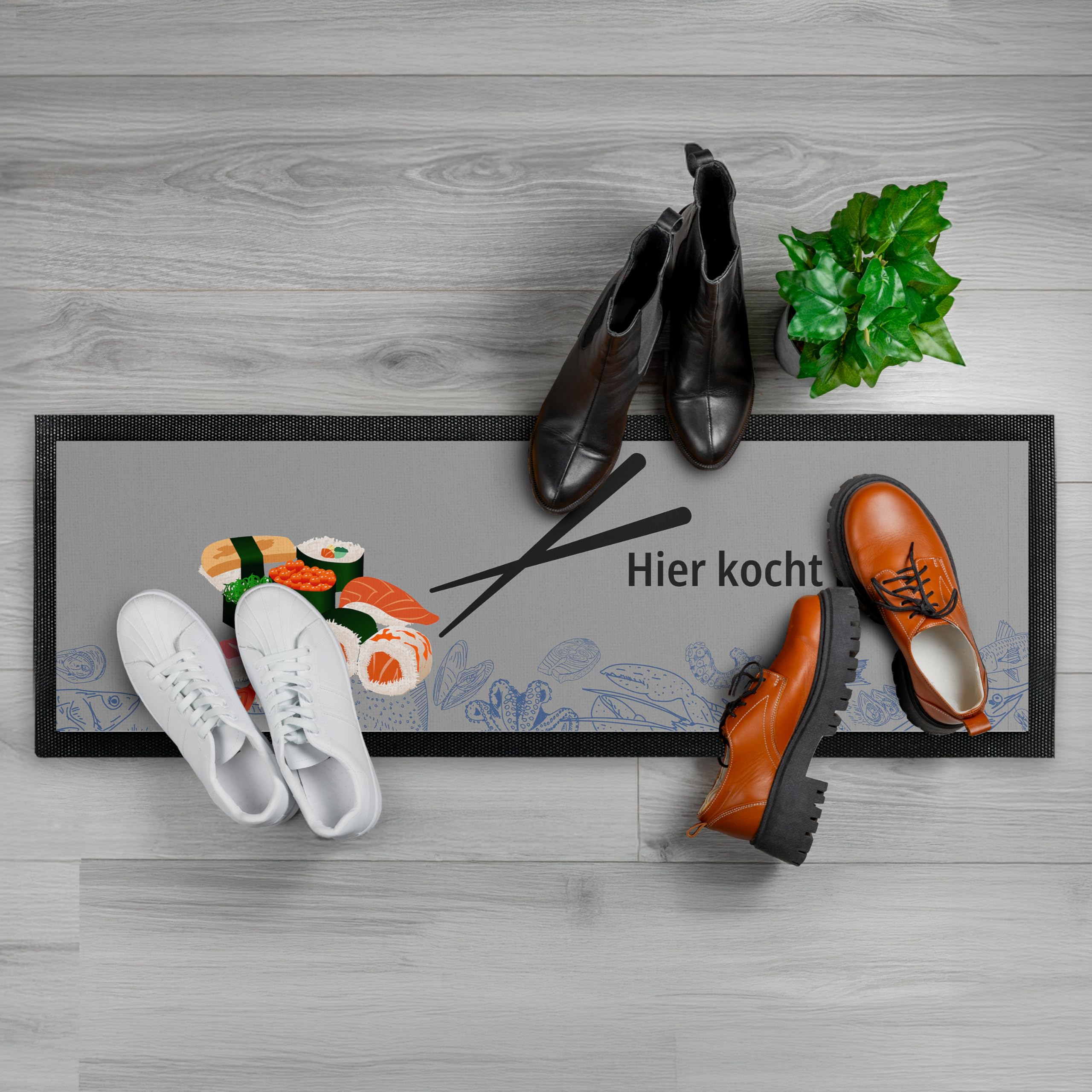 True Statements Personalisierte Fußmatte 120 x 40 cm – Deko Küchenmatte mit Sushi Motiv & Wunschtext - Velours Oberfläche für Flur, Küche & Wohnung