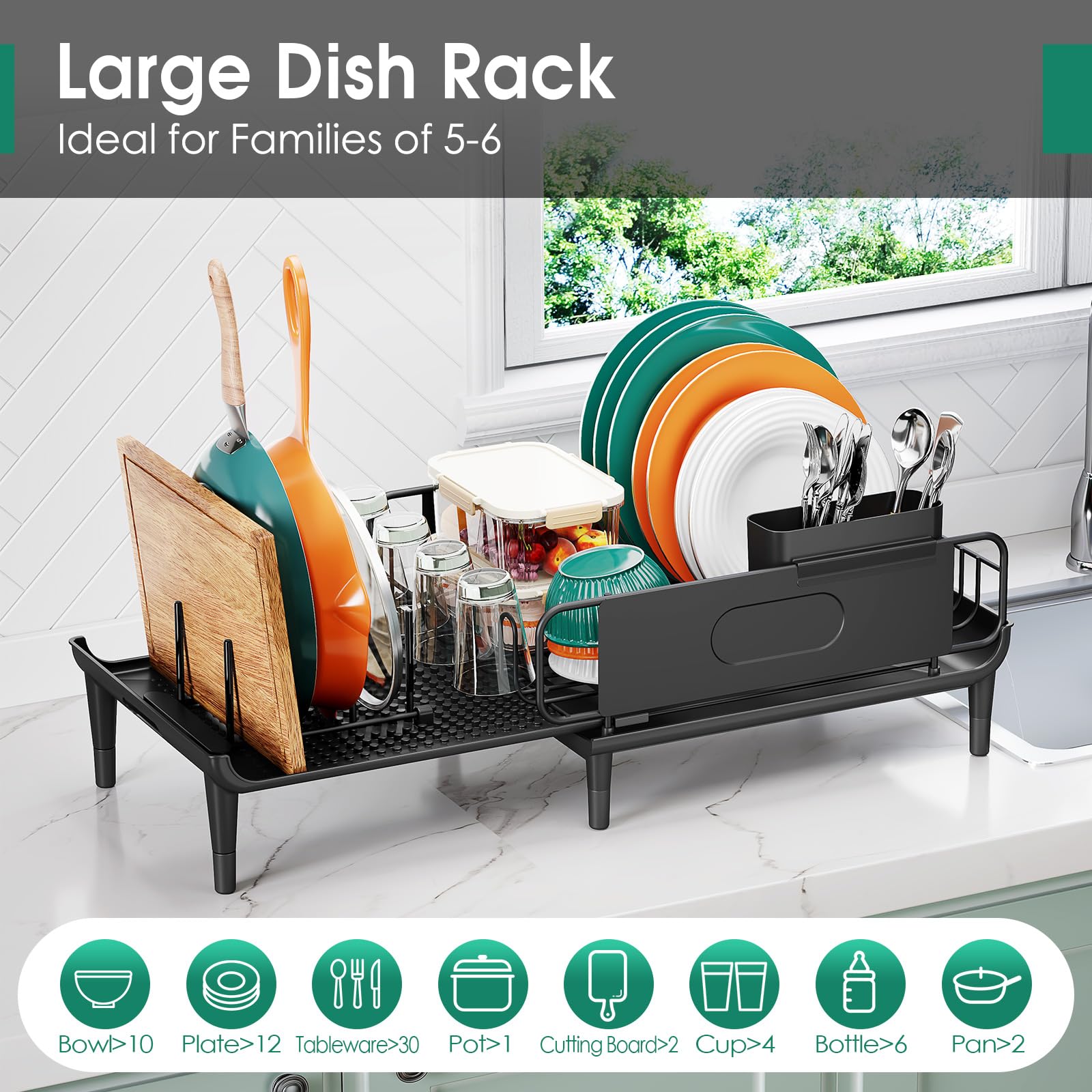 Urackify Escurridor de platos, de acero inoxidable, expandible (14.5 a 25.3 pulgadas) y escurridor de platos con estante plegable, soporte para utensilios para encimera, 1 pieza color negro
