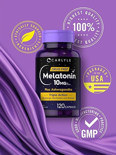 Miniatura 4 de Carlyle Melatonina 10mg  120 cápsulas  con Ashwagandha  Fórmula de triple fuerza  Sin OMG, suplemento sin gluten
