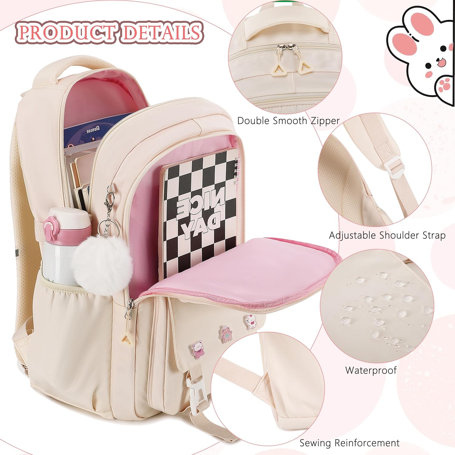 AO ALI VICTORY Backpack for Girls 3 PCS Cute School Backpacks Elementary Kids Book Bag with Lunch Box Pencil Case Set Laptop College Travel Back Pack Large Bookbags for Girl Teens Women Student White - Image 2