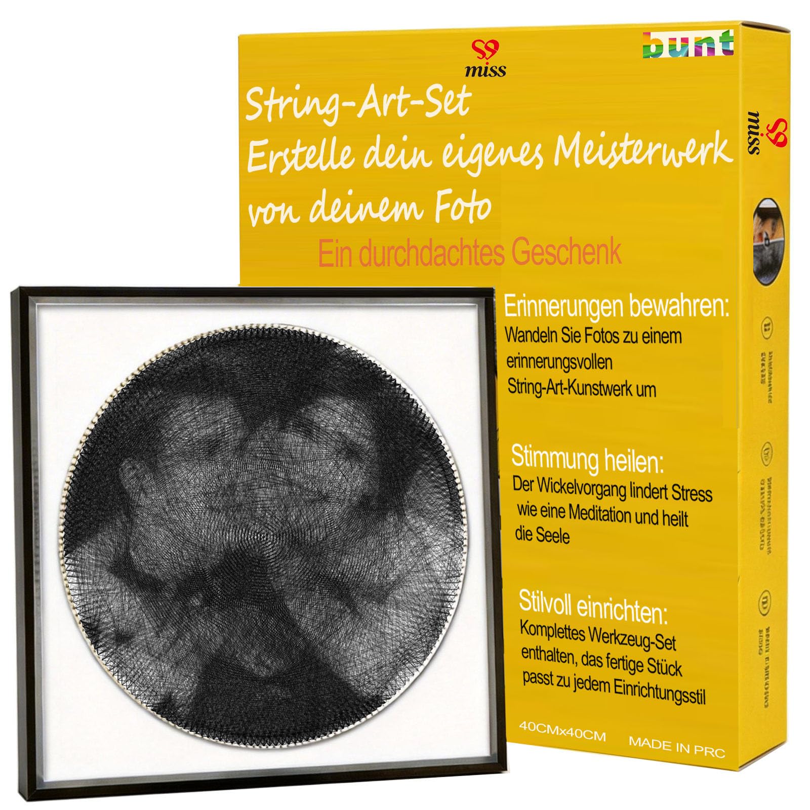 ssmiss Großes String Art Set 40x40cm - 200 Nägel String Art Kit mit Rahmen & Ständer - QR-Code für Video-Anleitung - Schnell in 3-7 Stunden DIY Bastelset- Geschenk für Anfänger, Erwachsene
