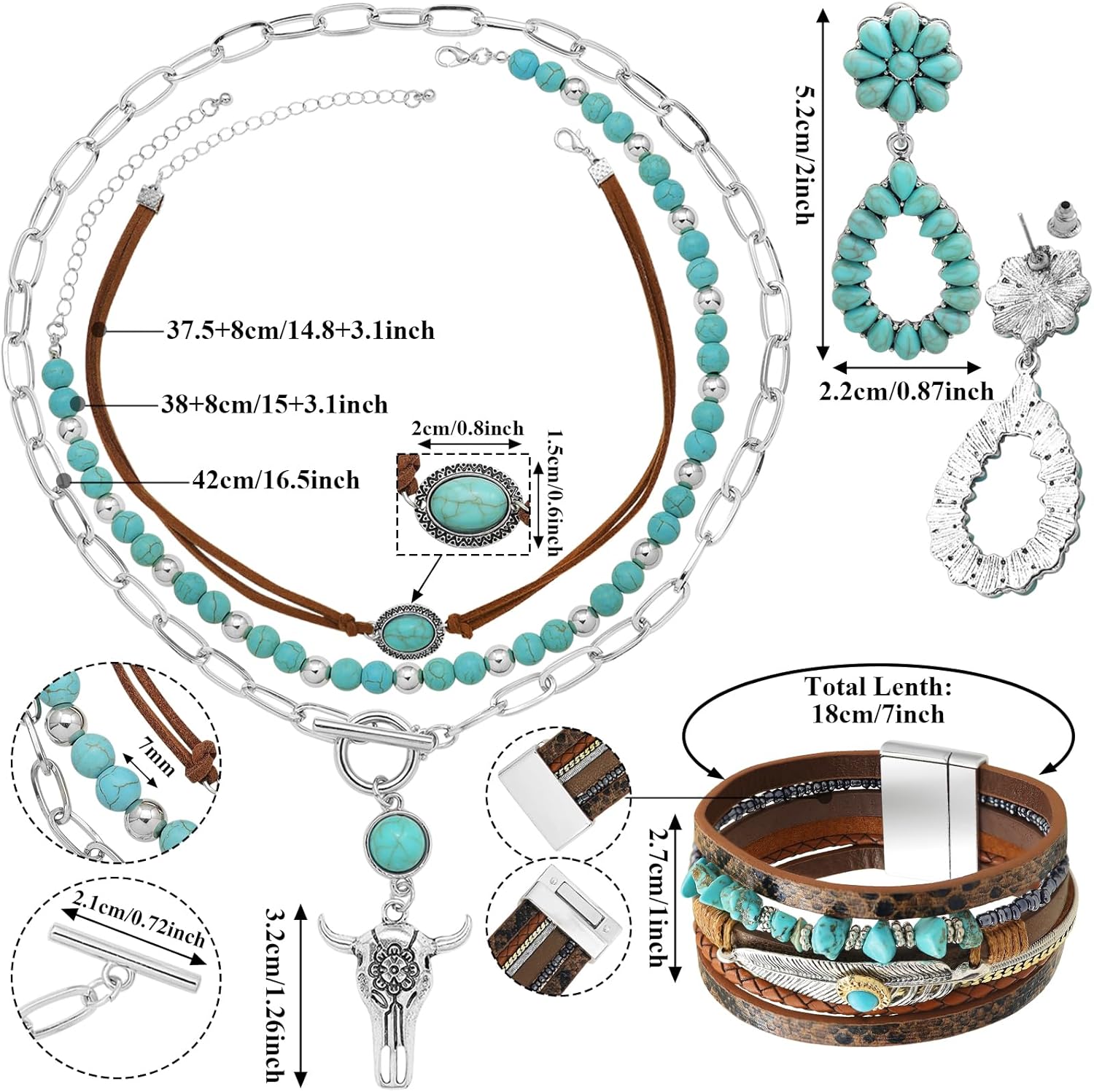 RechicGu Western Jewelry For Women Bohemian Turquoise Dangle Earrings Necklace Bracelet Set, Bullhead Pendant Layered Choker Boho Faux Leather Wristband Country Concert Cowgirl Accessories - Image 7