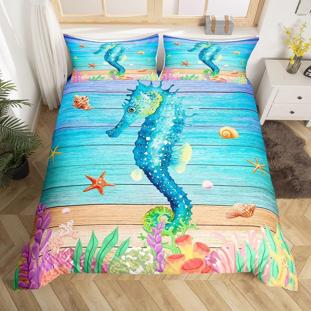 LMMSMGS King Size Duvet Cover Sets Seahorse Bedding for Kids Aldult Duvet Cover with Zipper Closure Hypoallergenic Microfiber Quilt Cover 90.5"x 86.6" + 2 Pillowcases 19.7"x 29.5"