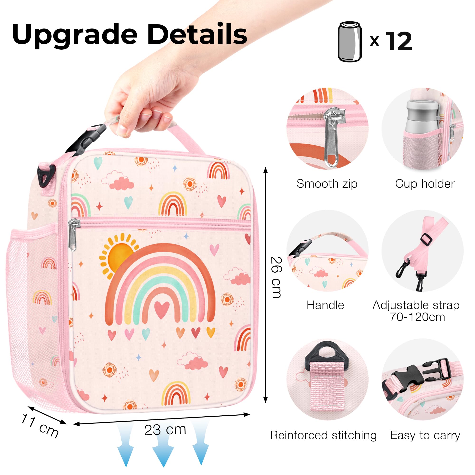 Clastyle Borsa Termica Porta Pranzo Bambini Scuola Rosa Grande Arcobaleno, Borsa Frigo Piccola Ragazze Sole Cuore Portatile con Tracolla Portabottiglie