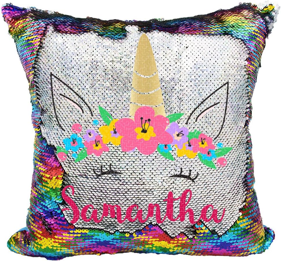 Personalized Mermaid Reversible Sequin Pillow, Custom Unicorn Sequin Pillow (Rainbow/Silver)