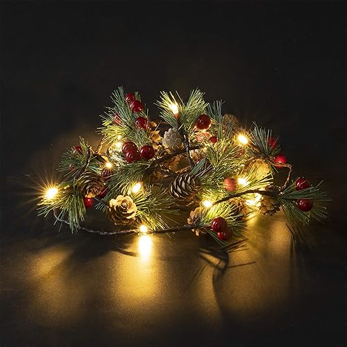 Miniatura 4 de FUNPENY Guirnalda de luces de piñas de Navidad, 6.56 pies, 20 agujas de pino LED, bayas rojas, guirnalda de luz de otoño, decoración interior y