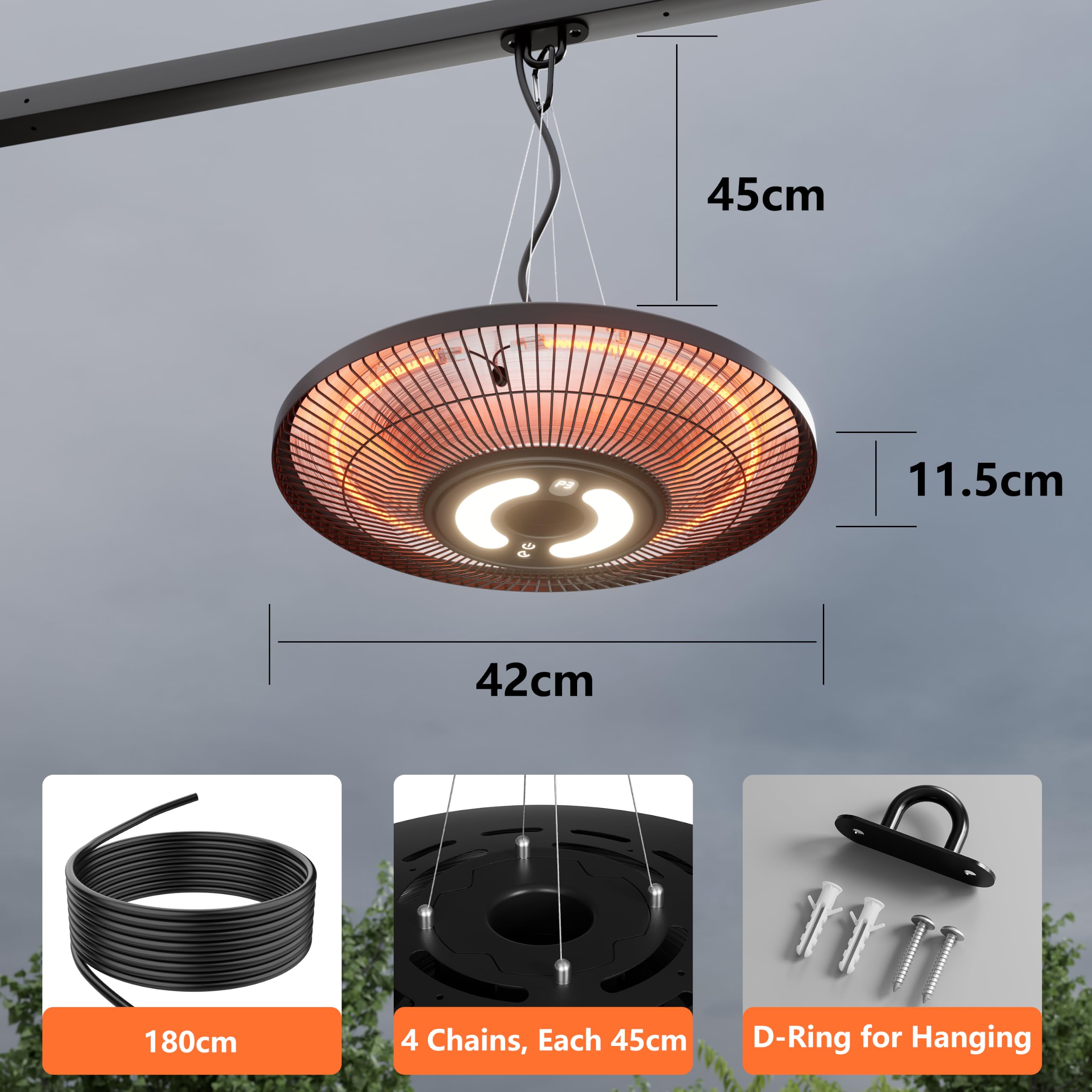 Stufa elettrica da esterni da appendere, 2000 W, a infrarossi, da parete, montaggio a soffitto, impermeabile IP65, per ristorante, giardino, garage e gazebo