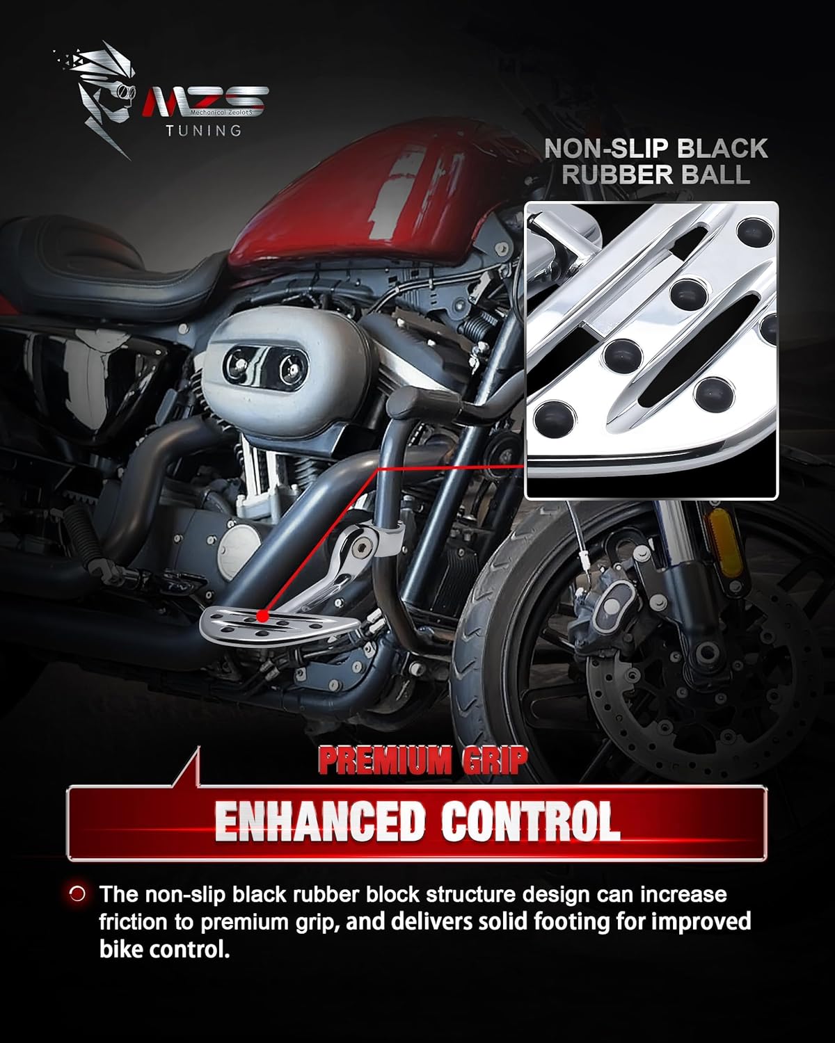 MZS Motorcycle Highway Pegs, 1.25" Long Angled Adjustable Touring Wide Foot Peg Mount Chrome Compatible with Softail Sportster Electra Road Glide Road King Street Glide for 1 1/4 Engine Guards Bar