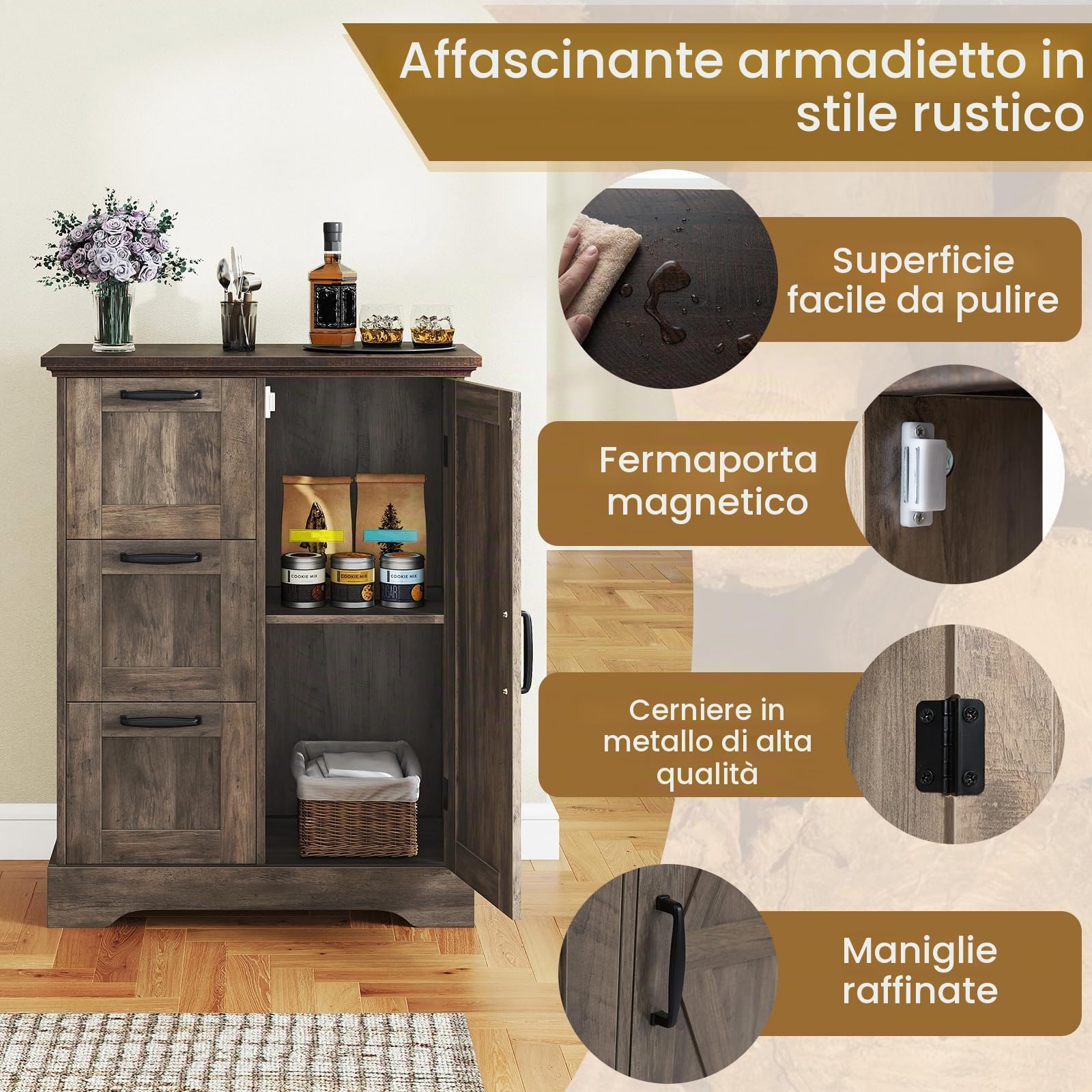 KOMFOTTEU Credenza Cucina con 3 Cassetti e Armadio con Ante, Mobile Cucina Dispensa con Kit Antiribaltamento, Mobiletto Cucina, per Soggiorno, Sala da Pranzo, 60 x 30 x 80 cm (Grigio Scuro)