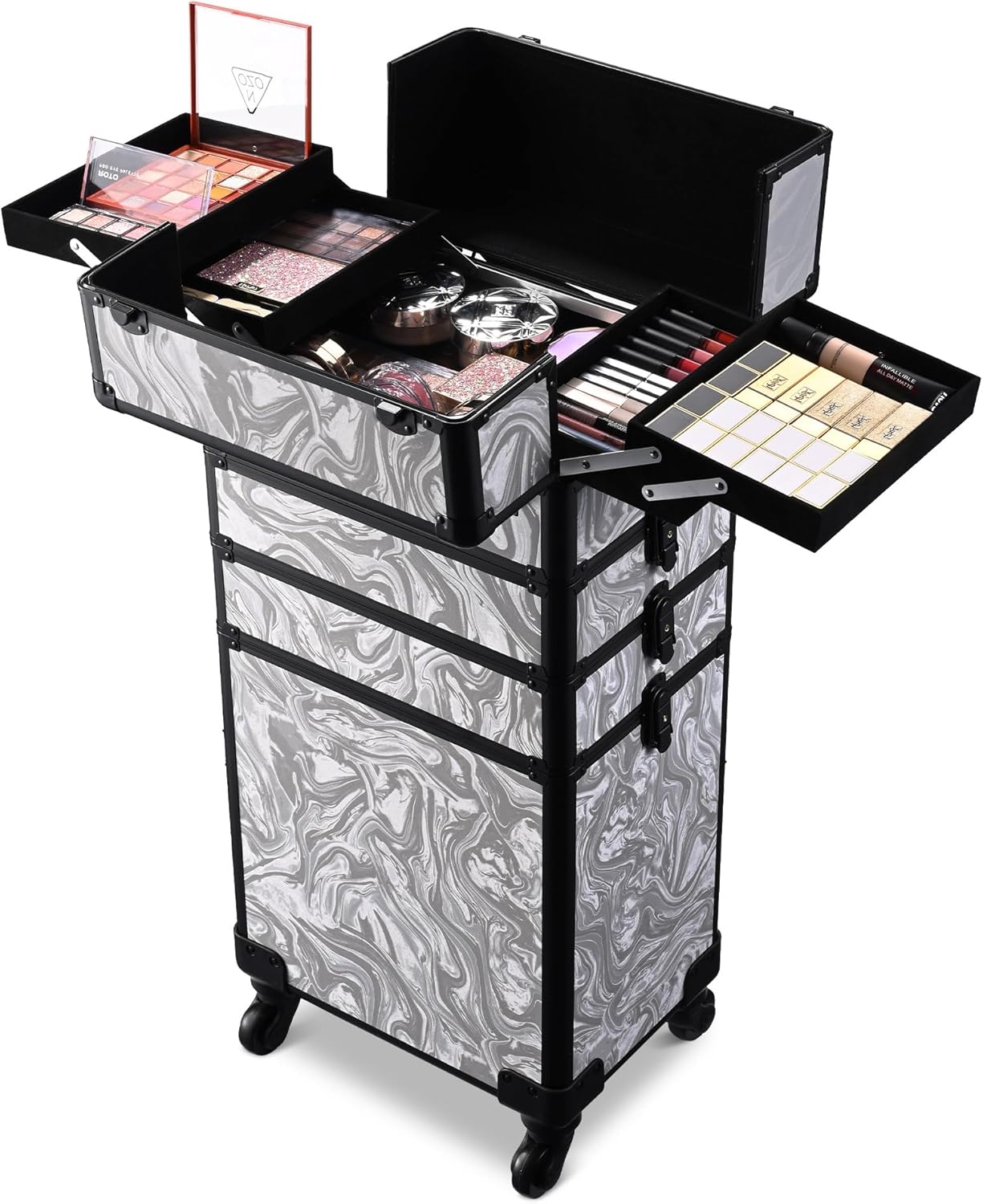 BYOOTIQUE Rolling Makeup Train Case on Wheels 3-Piece Hairdressing Brush Bags Cosmetology Organizer Kit Lockable Traveling Cart for Nail Tech Beauty Salon Barbershop,CTB Gray