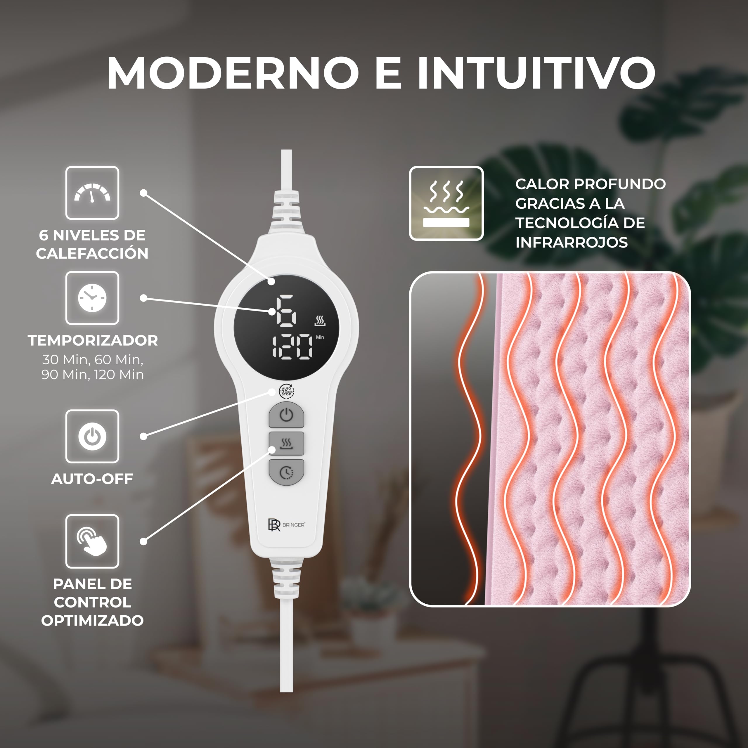 BR Bringer almohadilla eléctrica de infrarrojos con desconexión automática - 6 ajustes de calor (25-60°C), protección contra sobrecalentamiento, lavable, pantalla LED, franela suave (rosa, 60 x 30 cm)
