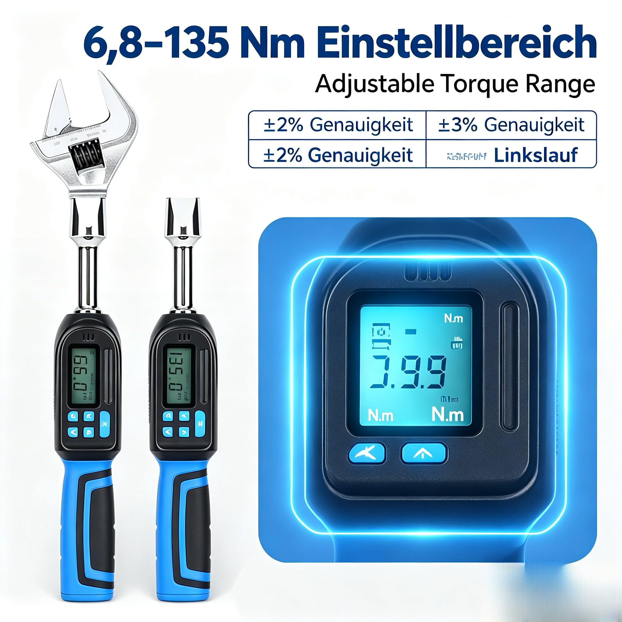 Llave dinamométrica digital de 6,8-135 Nm con cabeza de trinquete, ajustable, de acero cromo-vanadio, señal LED y acústica, memoria para 50 valores, precisión de ±2%, para automóvil e industria