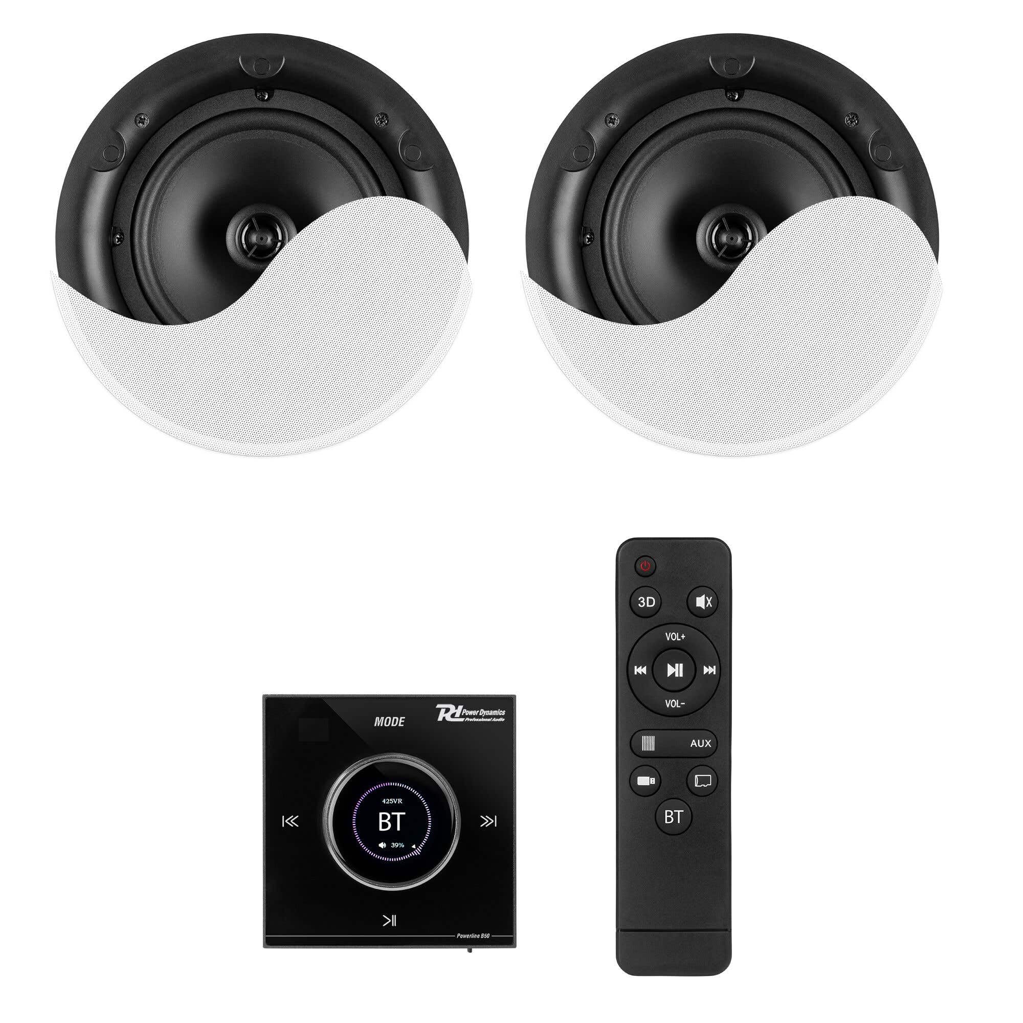 Power Dynamics Powerline B50BSet Amplificateur Mural Stéréo 2x25W Noir avec 2 Enceintes de Plafond 6,5" Blanches, Installation Discrète, Idéale Maison et Pro