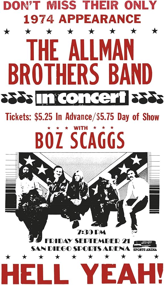Per Diem Printing The Allman Brothers Band Featuring Boz Scaggs - 13”x22” Vintage Style Showprint Poster - Home Nostalgia Decor – Wall Art Print -
