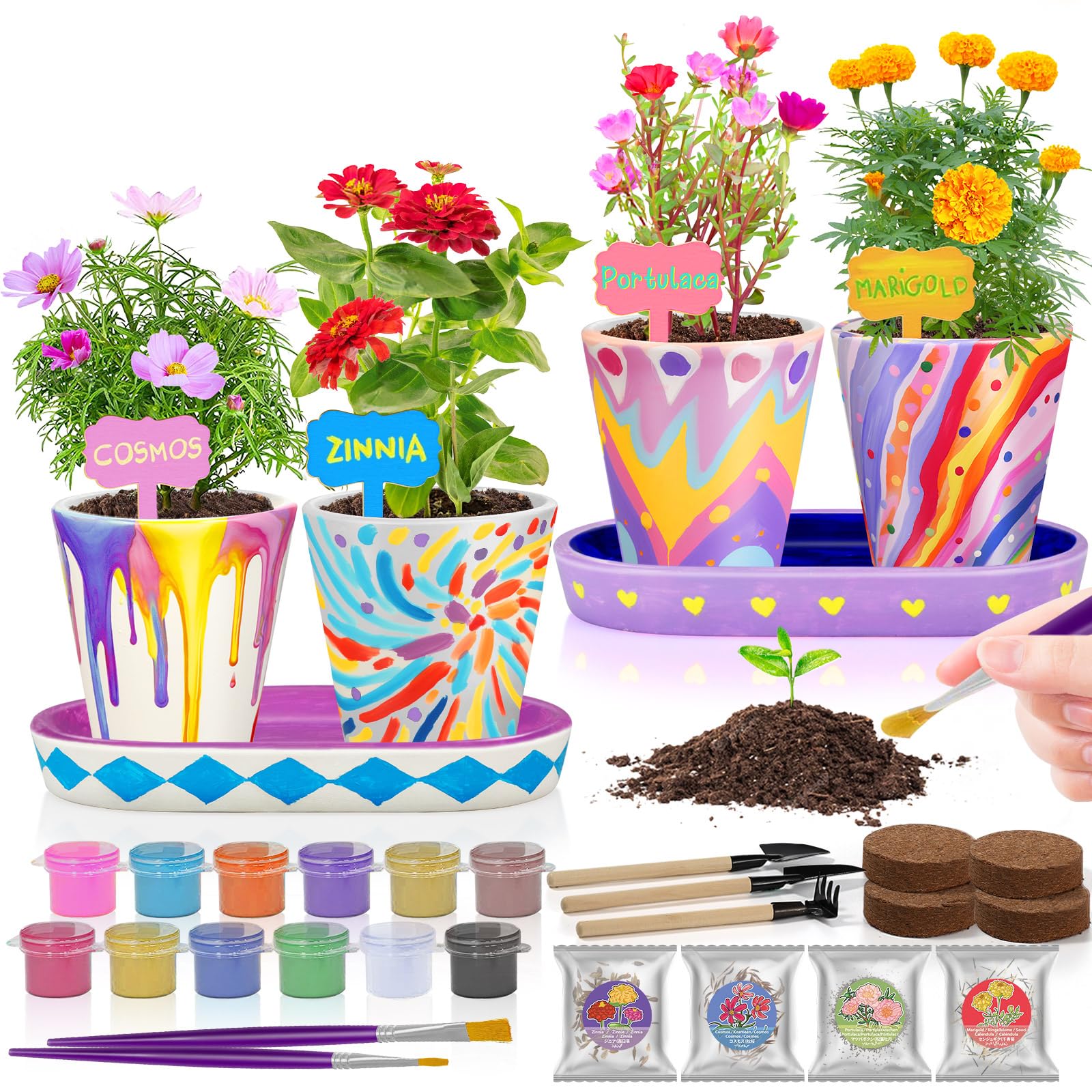 4 Set Paint & Plant Ceramic Flower Gardening Kit - Arts and Crafts for Kids Ages 4-6, Art Supplies Crafts for Girls Ages 8-12, Toys Birthday Gifts for Girls Boys Ages 4 5 6 7 8 9 10 11 12